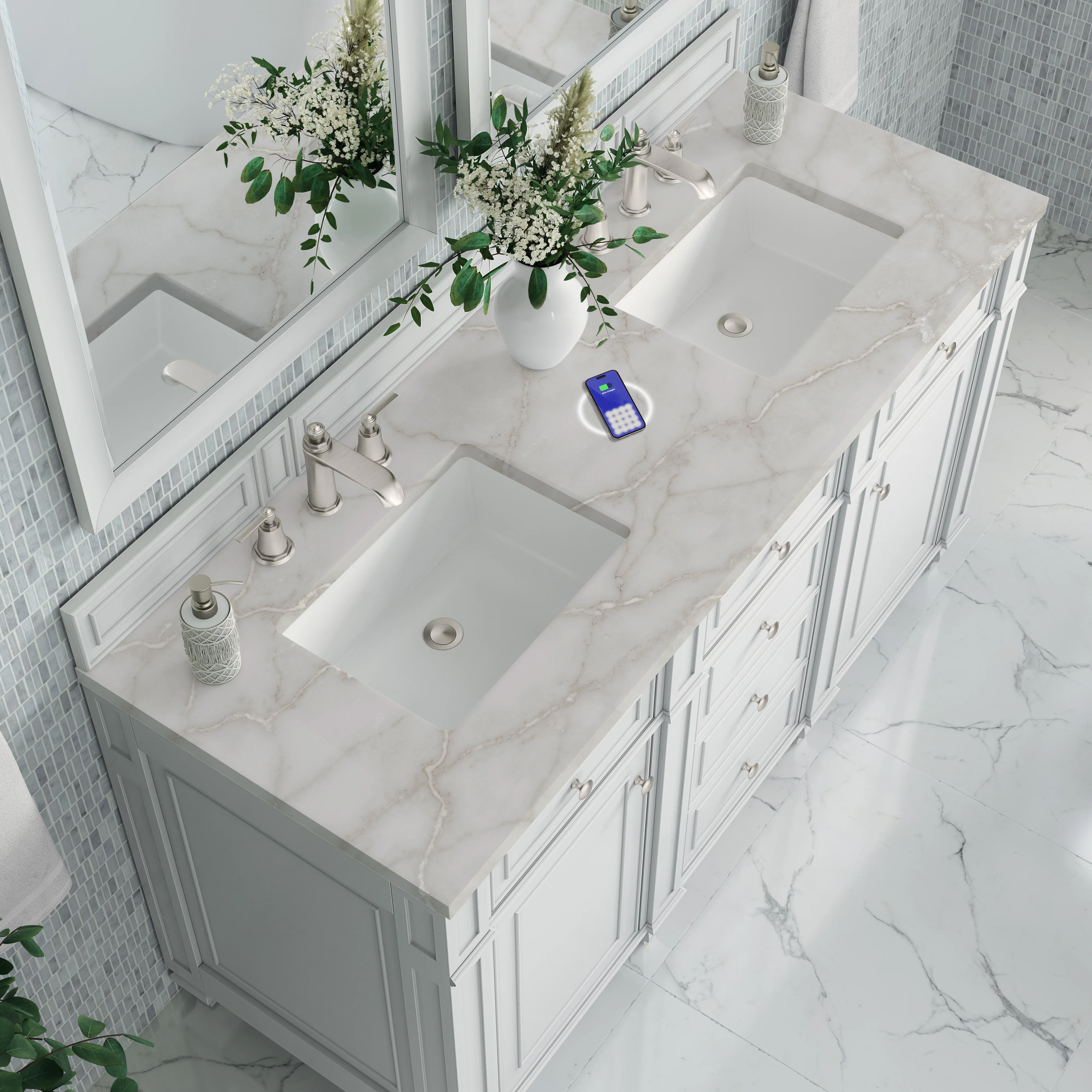 Bristol 60" Double Vanity, Bright White w/ 3 CM Victorian Silver Silestone Top w/FreePower Wireless Charger