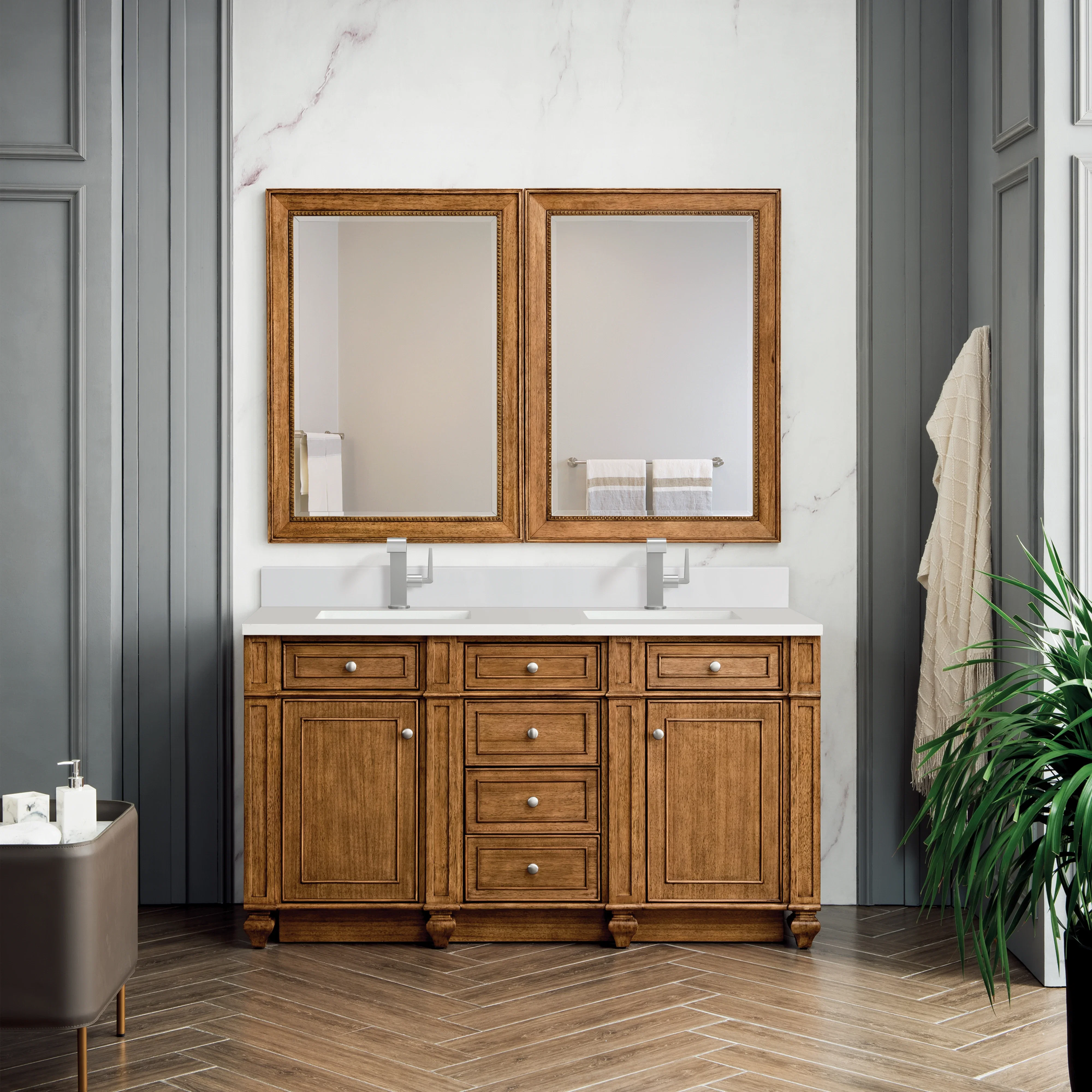 Bristol 60" Double Vanity, Saddle Brown w/ Single Hole 3 CM White Zeus Silestone Top & Backsplash