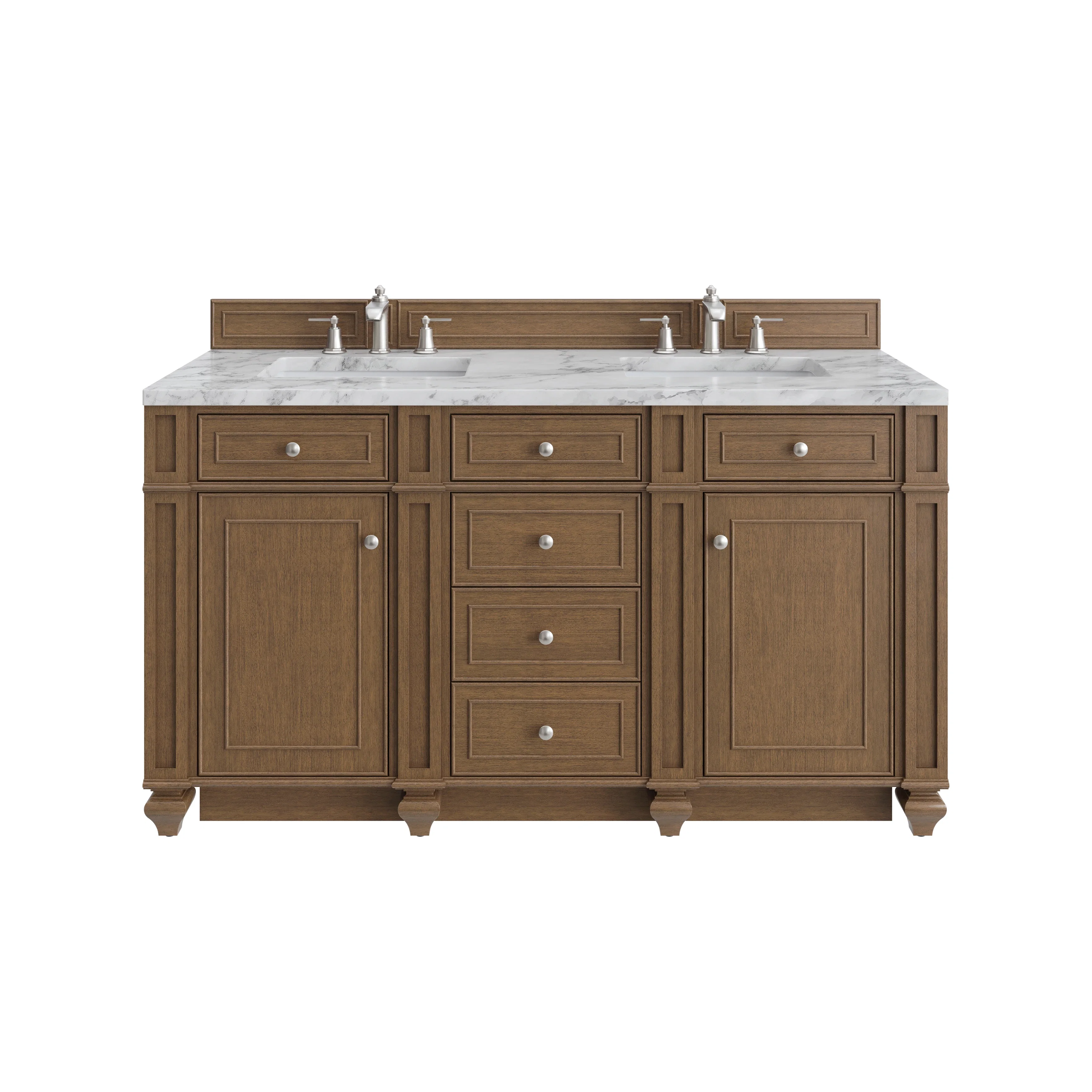 Bristol 60" Double Vanity, Saddle Brown w/ 3 CM Carrara Marble Top