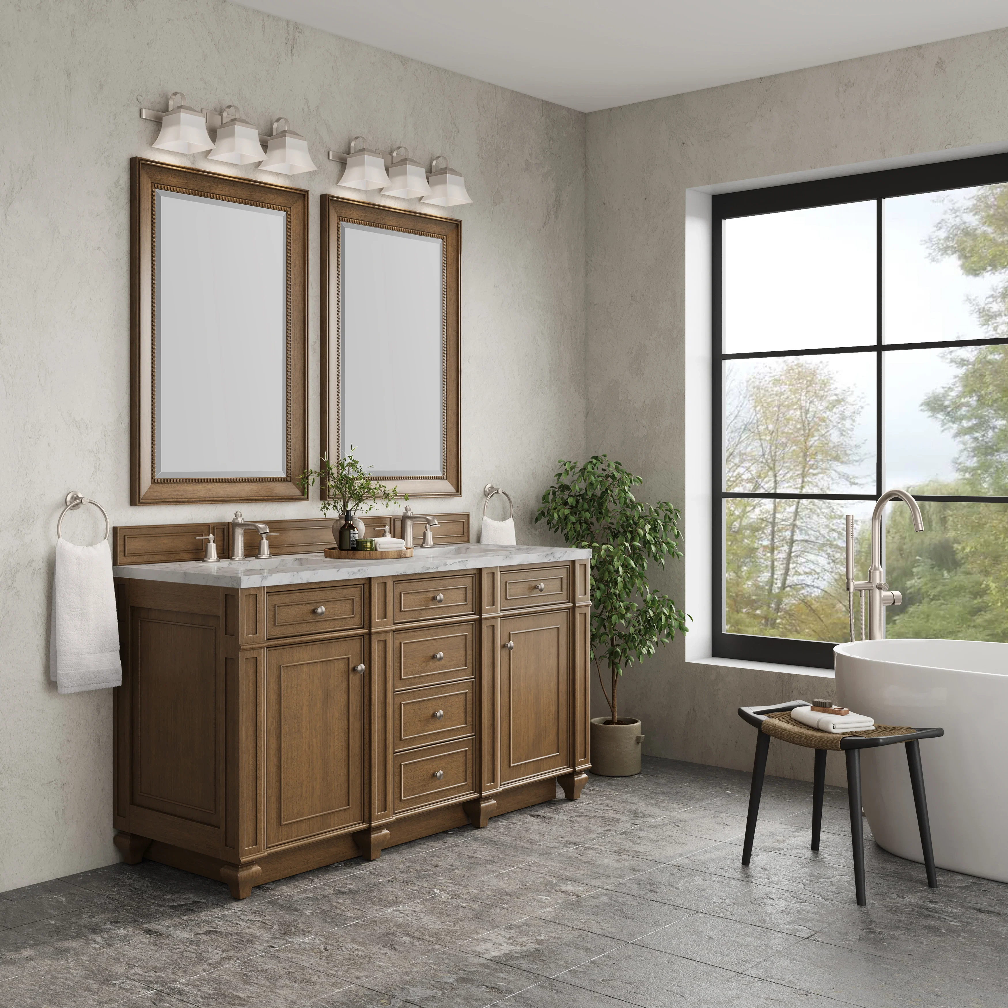 Bristol 60" Double Vanity, Saddle Brown w/ 3 CM Carrara Marble Top