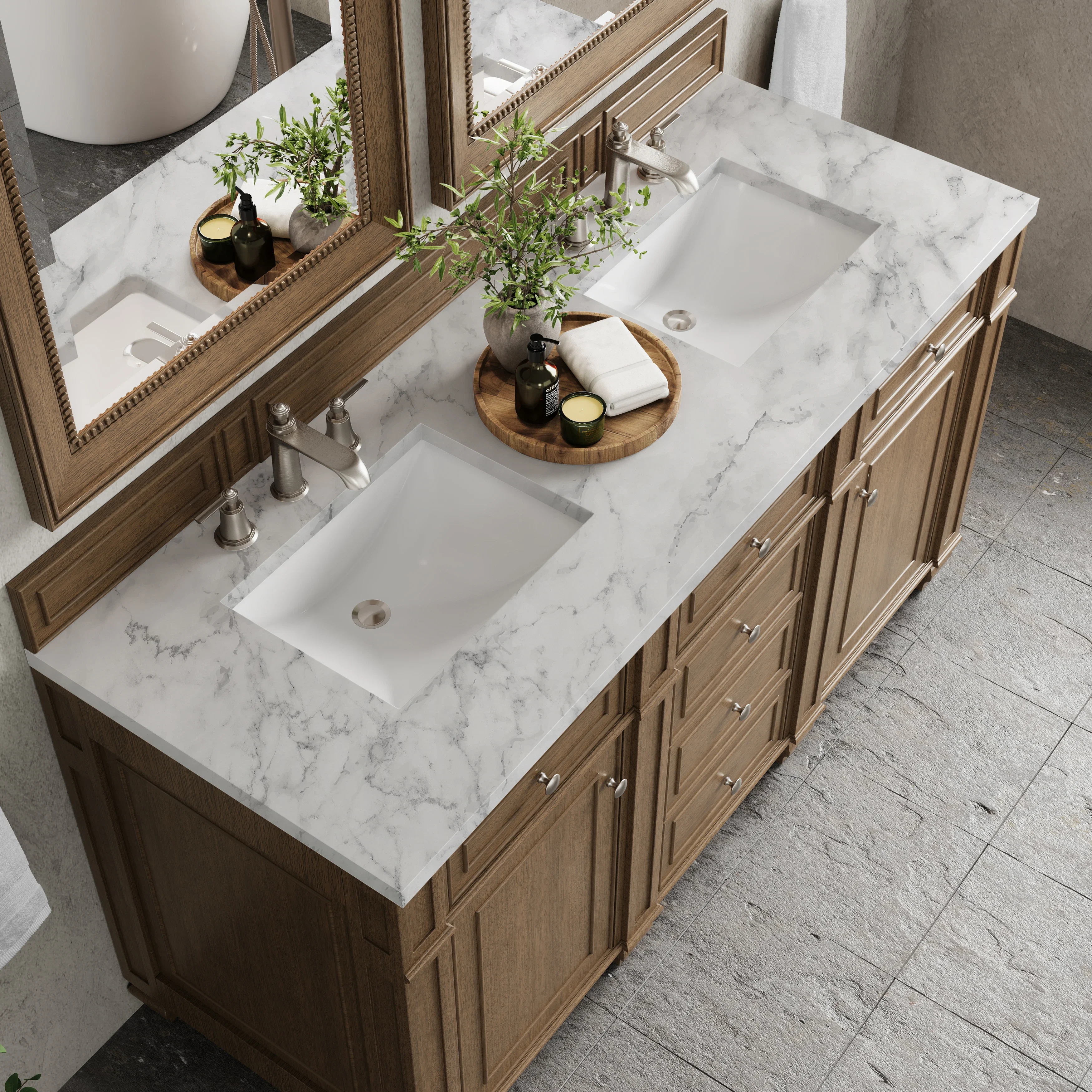 Bristol 60" Double Vanity, Saddle Brown w/ 3 CM Carrara Marble Top