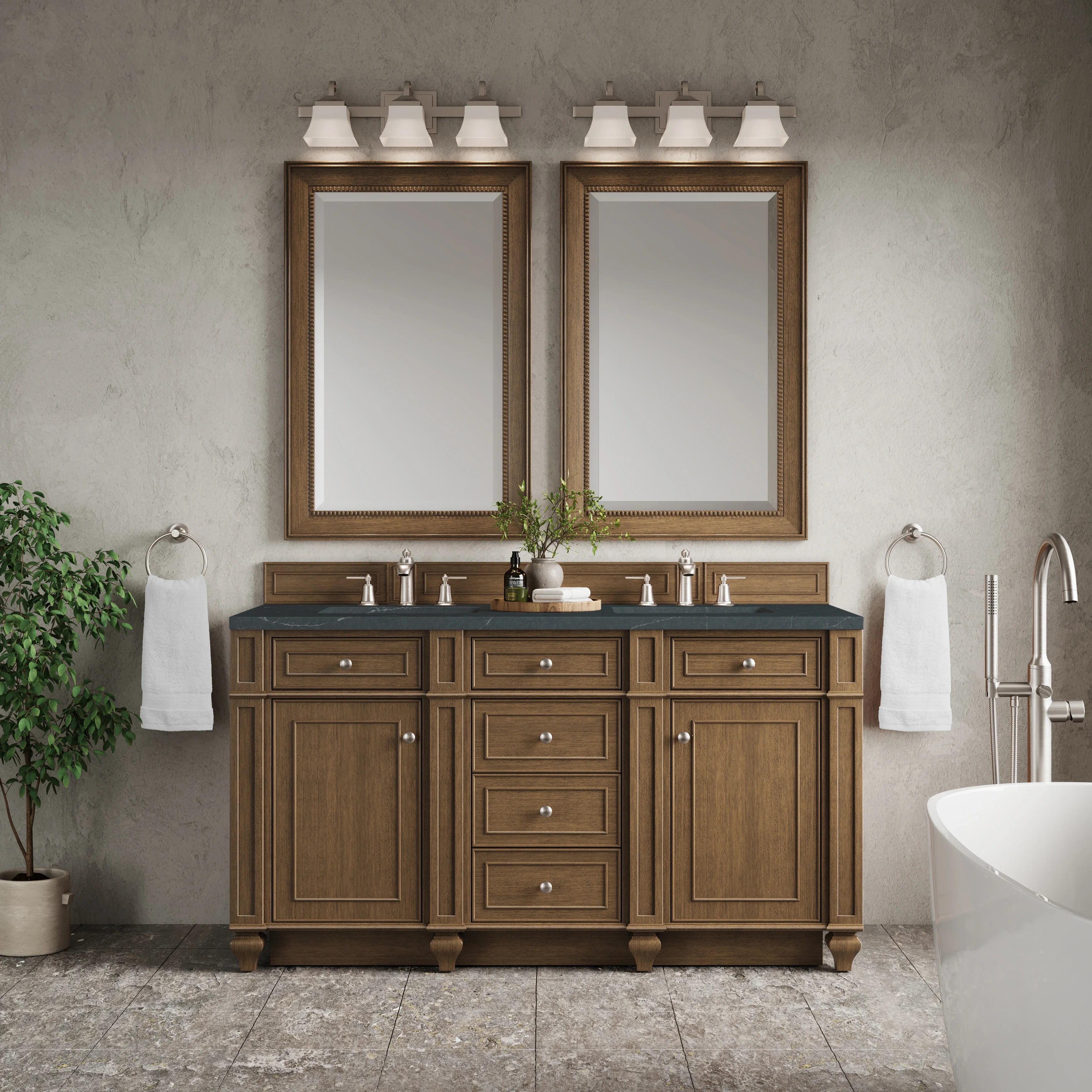 Bristol 60" Double Vanity, Saddle Brown w/ 3 CM Charcoal Soapstone Silestone Top