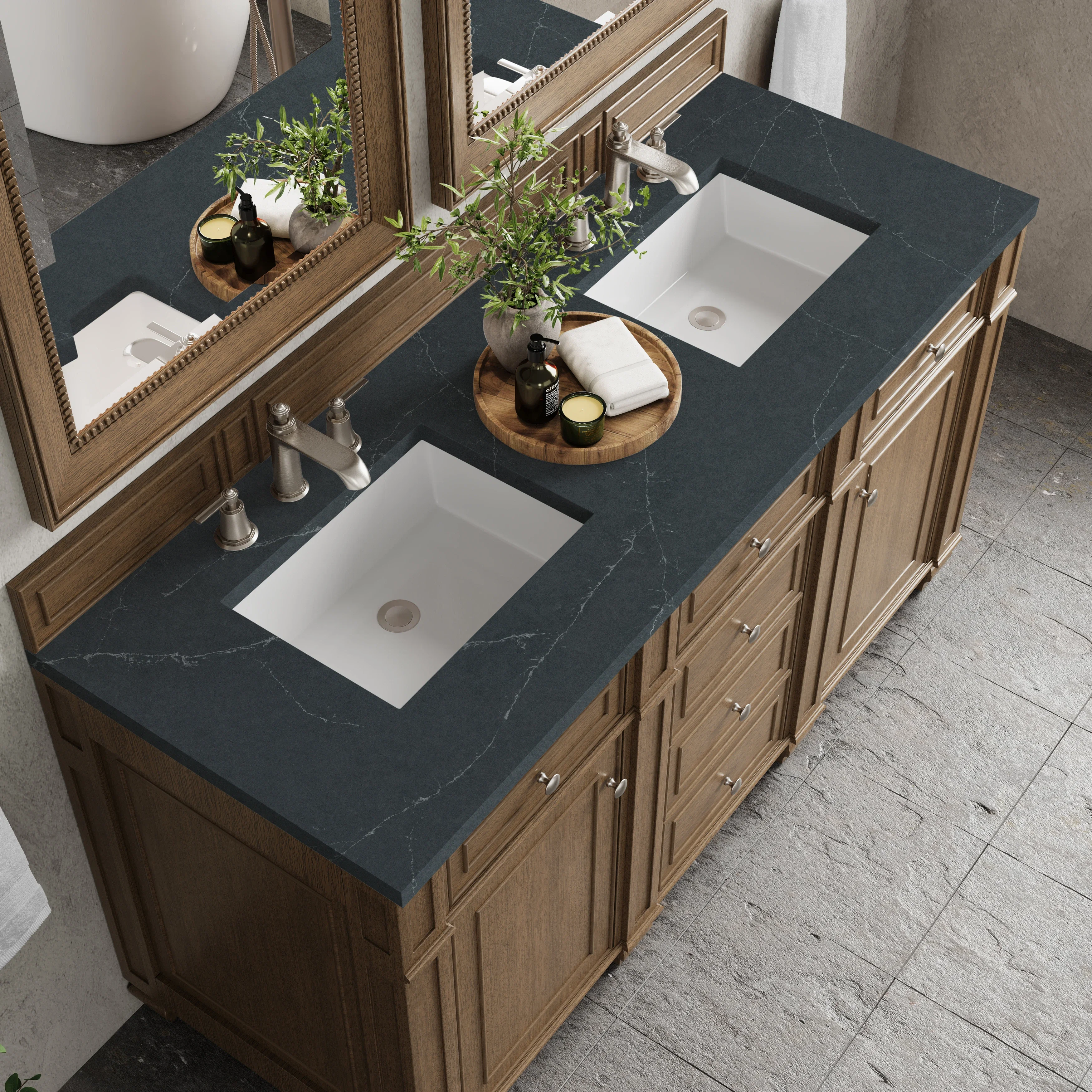 Bristol 60" Double Vanity, Saddle Brown w/ 3 CM Charcoal Soapstone Silestone Top