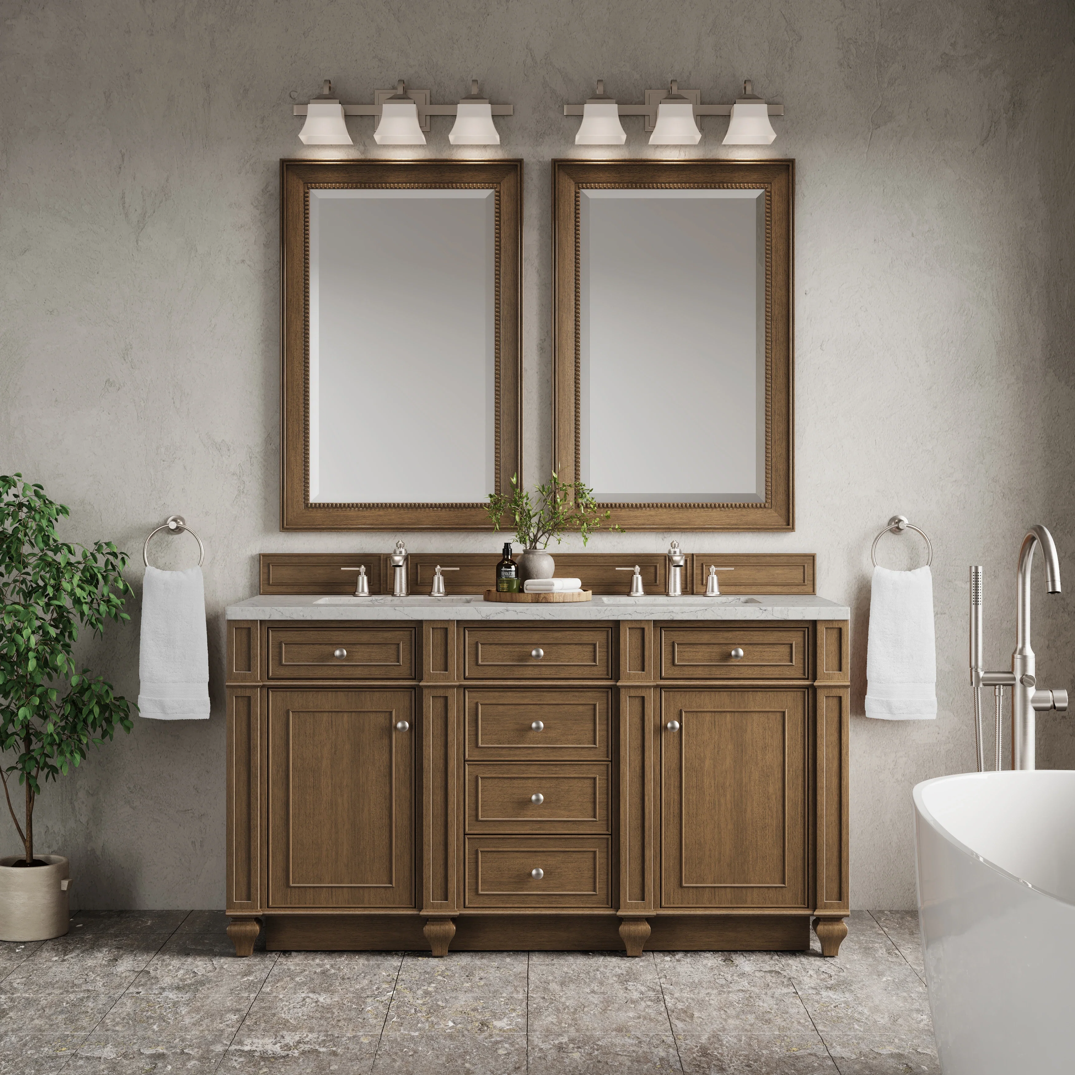 Bristol 60" Double Vanity, Saddle Brown w/ 3 CM Eternal Jasmine Pearl Silestone Top