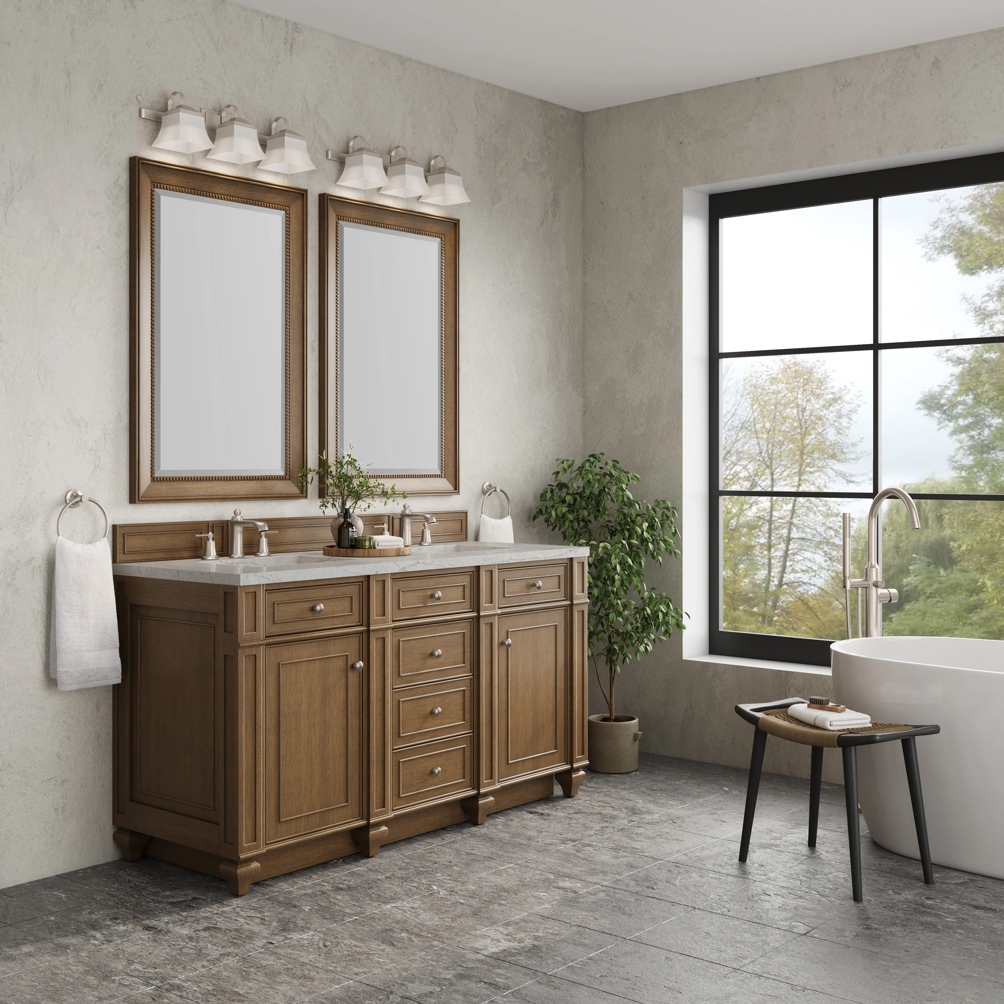 Bristol 60" Double Vanity, Saddle Brown w/ 3 CM Eternal Jasmine Pearl Silestone Top