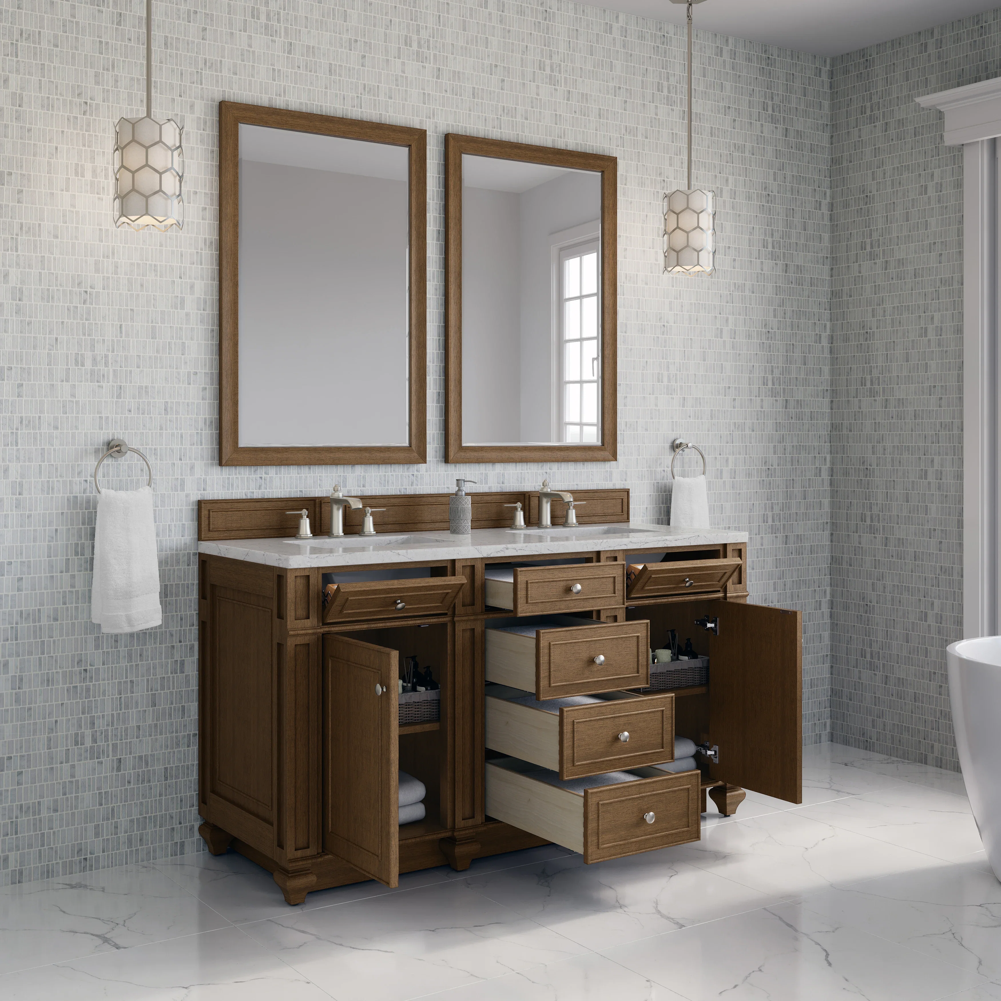 Bristol 60" Double Vanity, Saddle Brown w/ 3 CM Eternal Jasmine Pearl Silestone Top