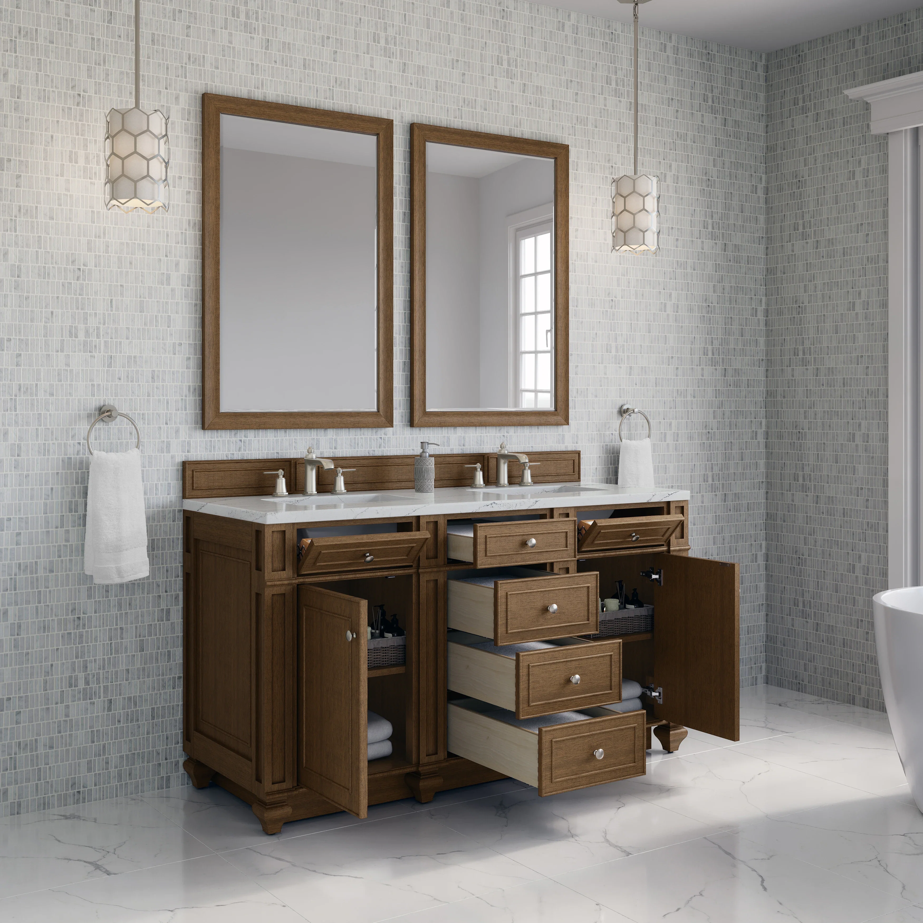 Bristol 60" Double Vanity, Saddle Brown w/ 3 CM Ethereal Noctis Silestone Top