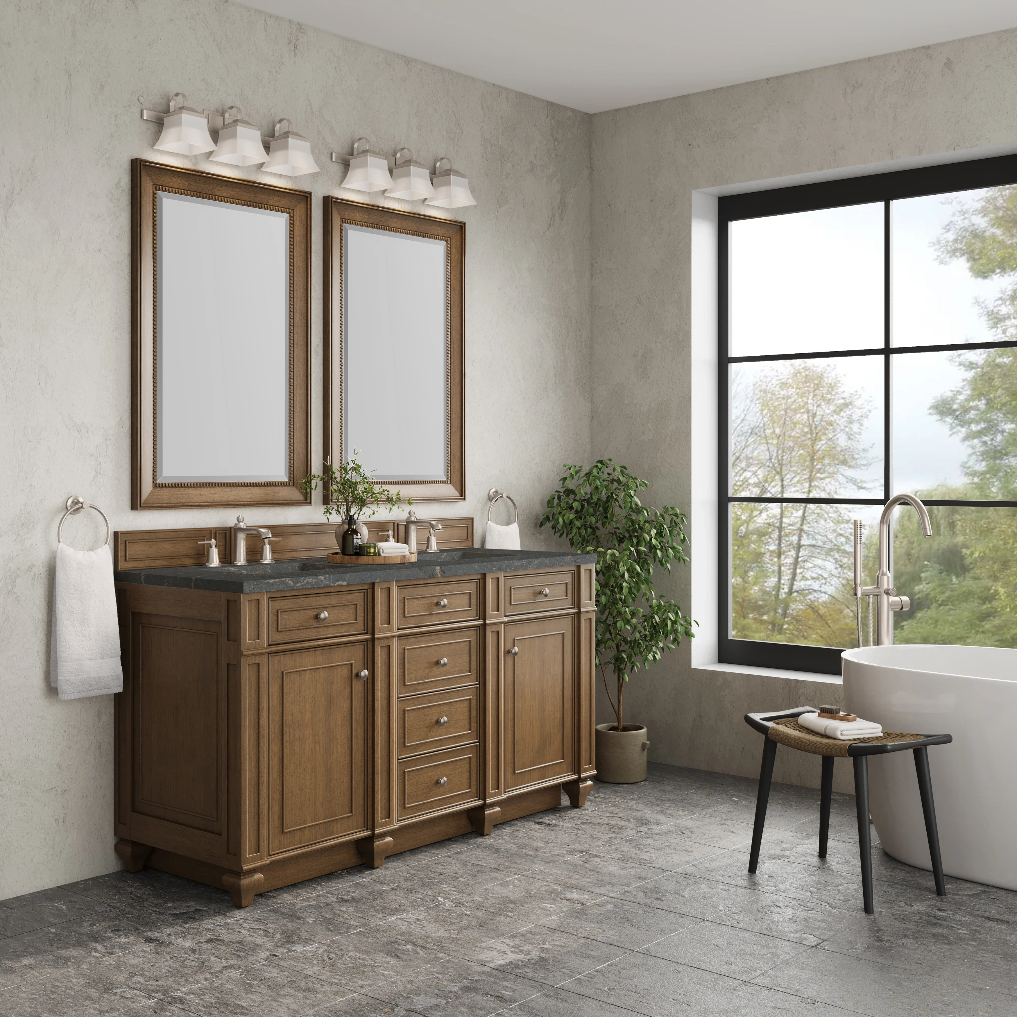Bristol 60" Double Vanity, Saddle Brown w/ 3 CM Parisien Bleu Silestone Top