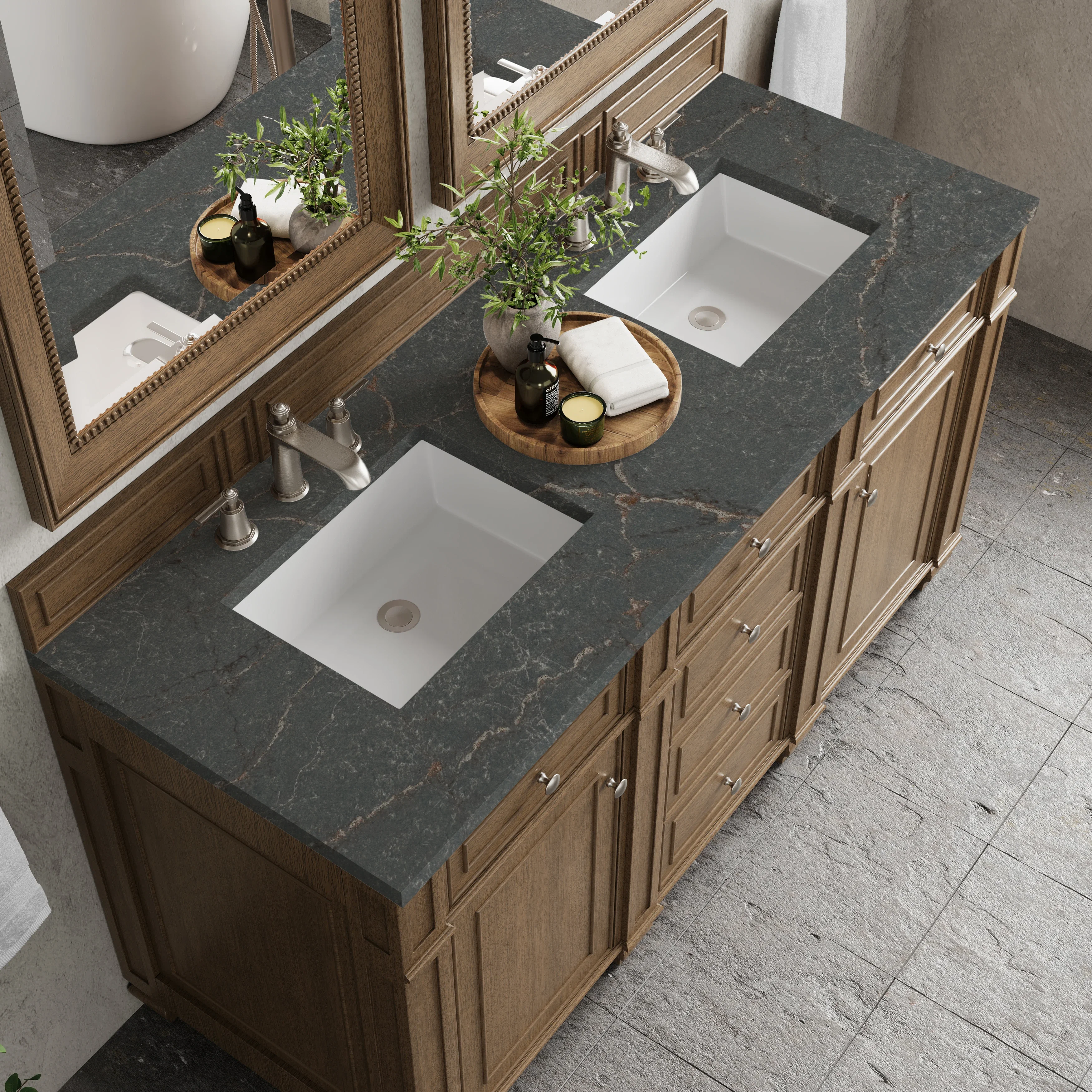 Bristol 60" Double Vanity, Saddle Brown w/ 3 CM Parisien Bleu Silestone Top
