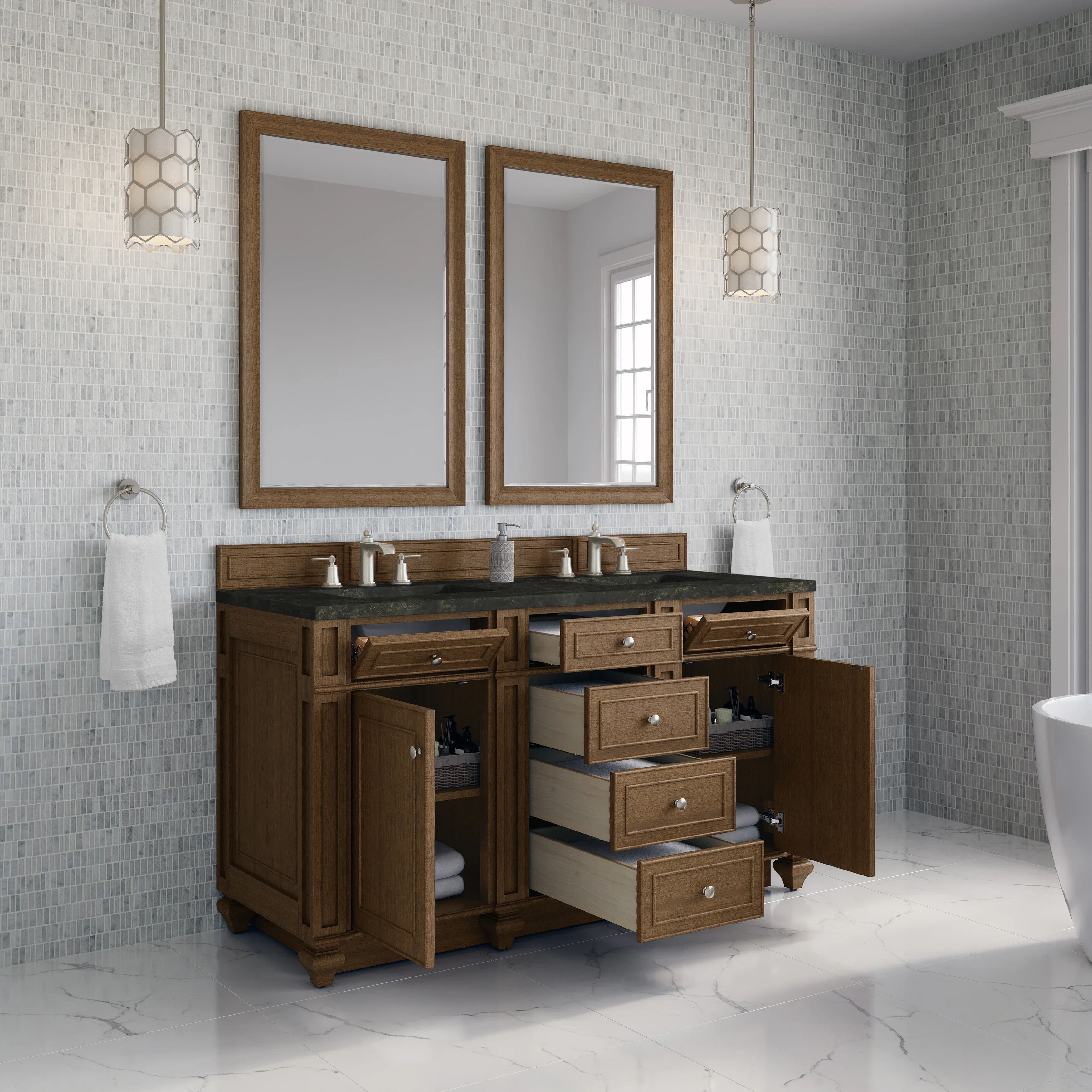 Bristol 60" Double Vanity, Saddle Brown, w/ 3 CM Phantome Eclos Top