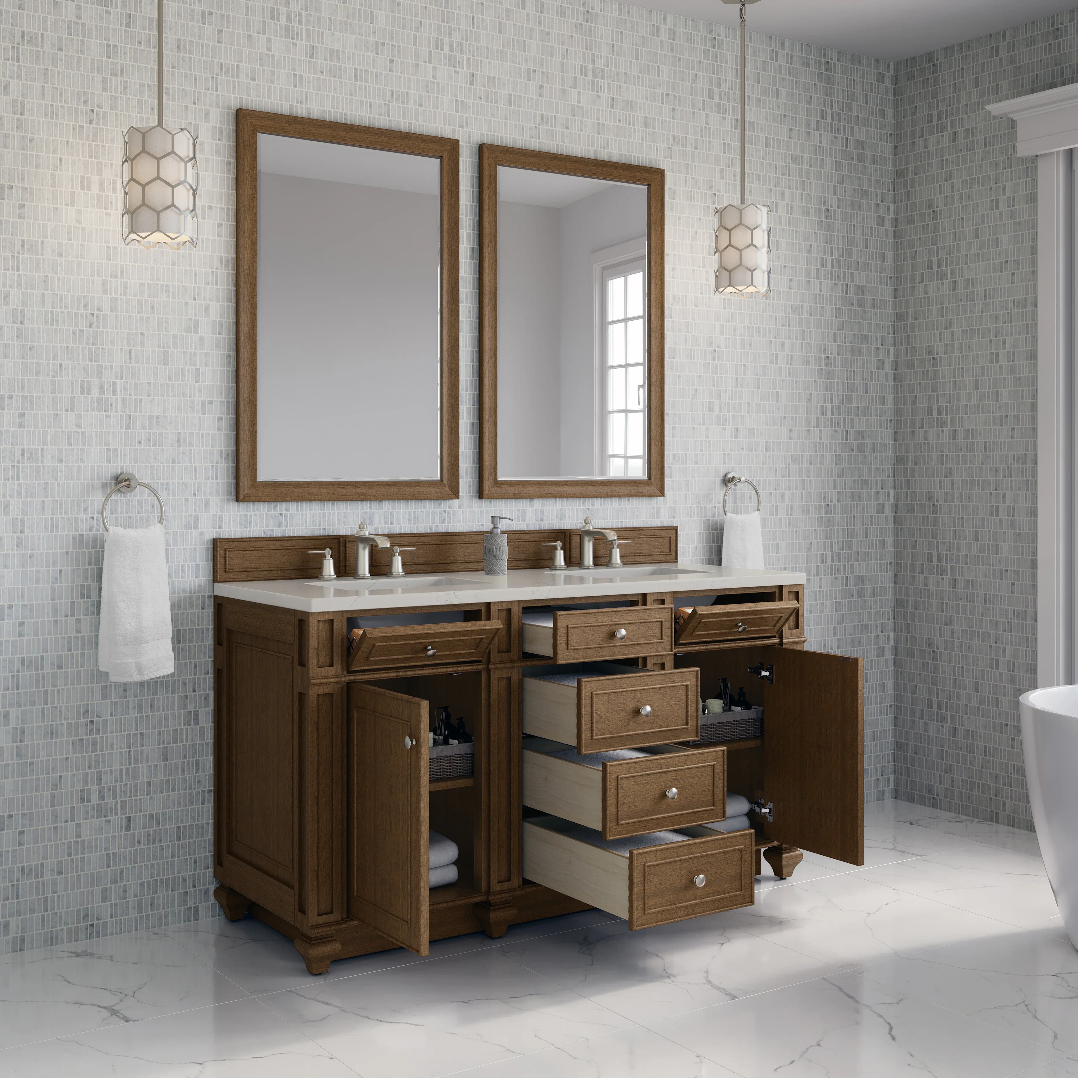 Bristol 60" Double Vanity, Saddle Brown, w/ 3 CM Siberian Silestone Top