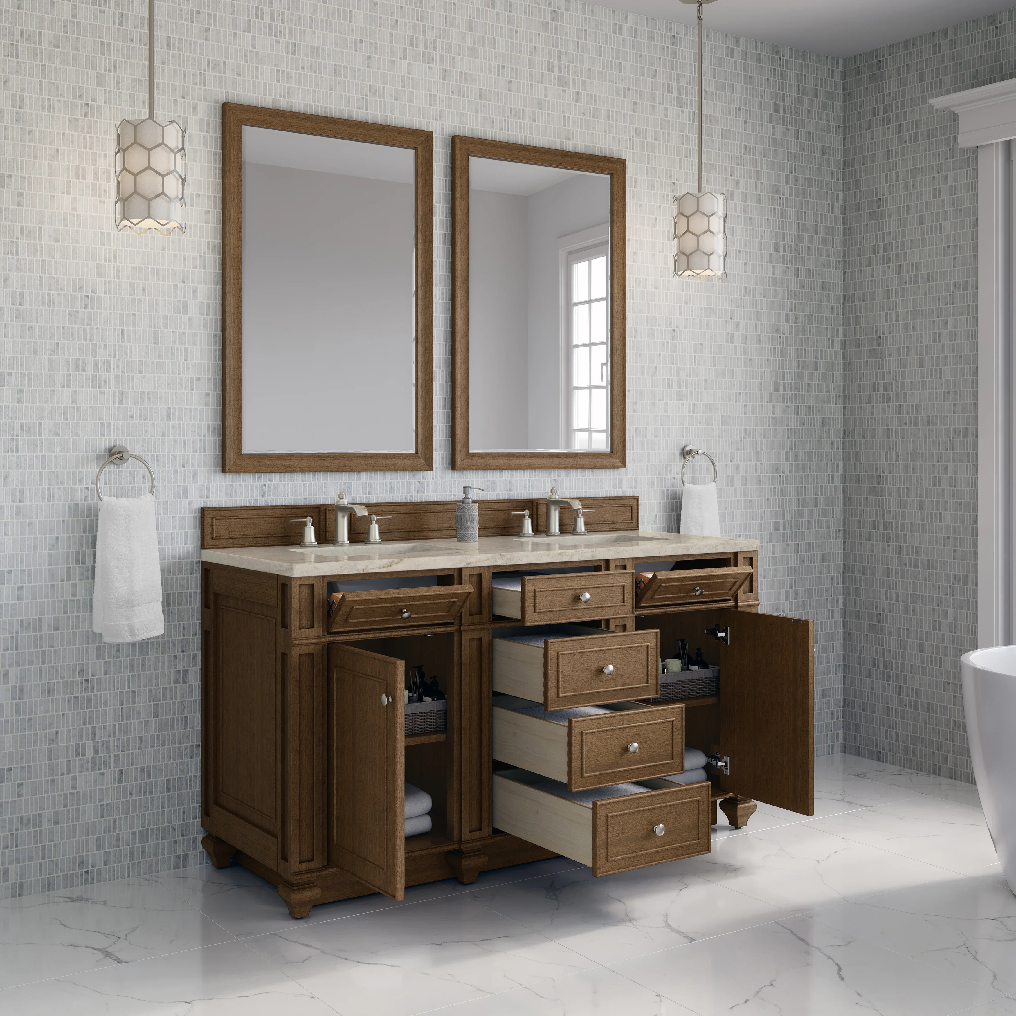 Bristol 60" Double Vanity, Saddle Brown, w/ 3 CM Tajnar Eclos Top