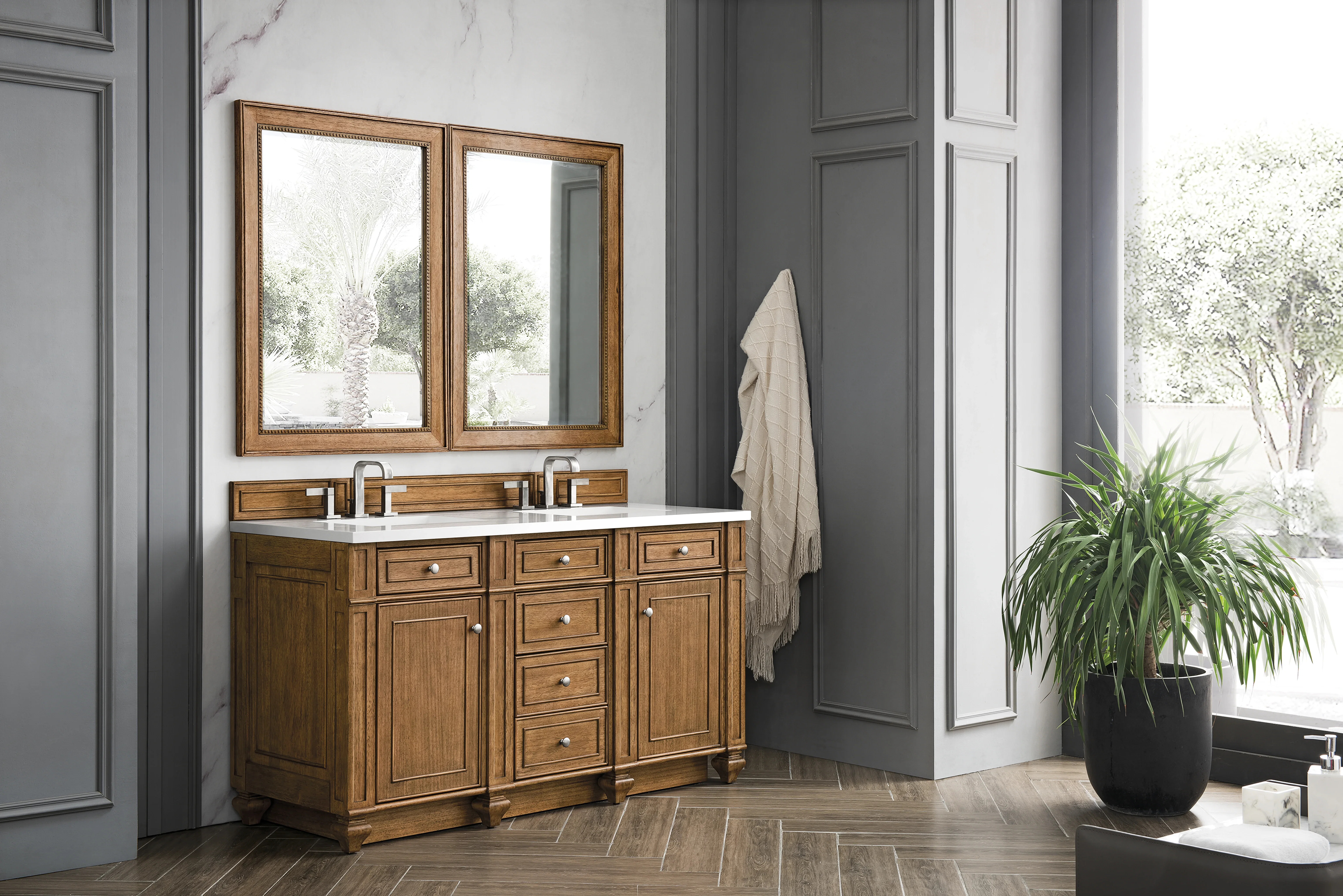 Bristol 60" Double Vanity, Saddle Brown w/ 3 CM White Zeus Silestone Top