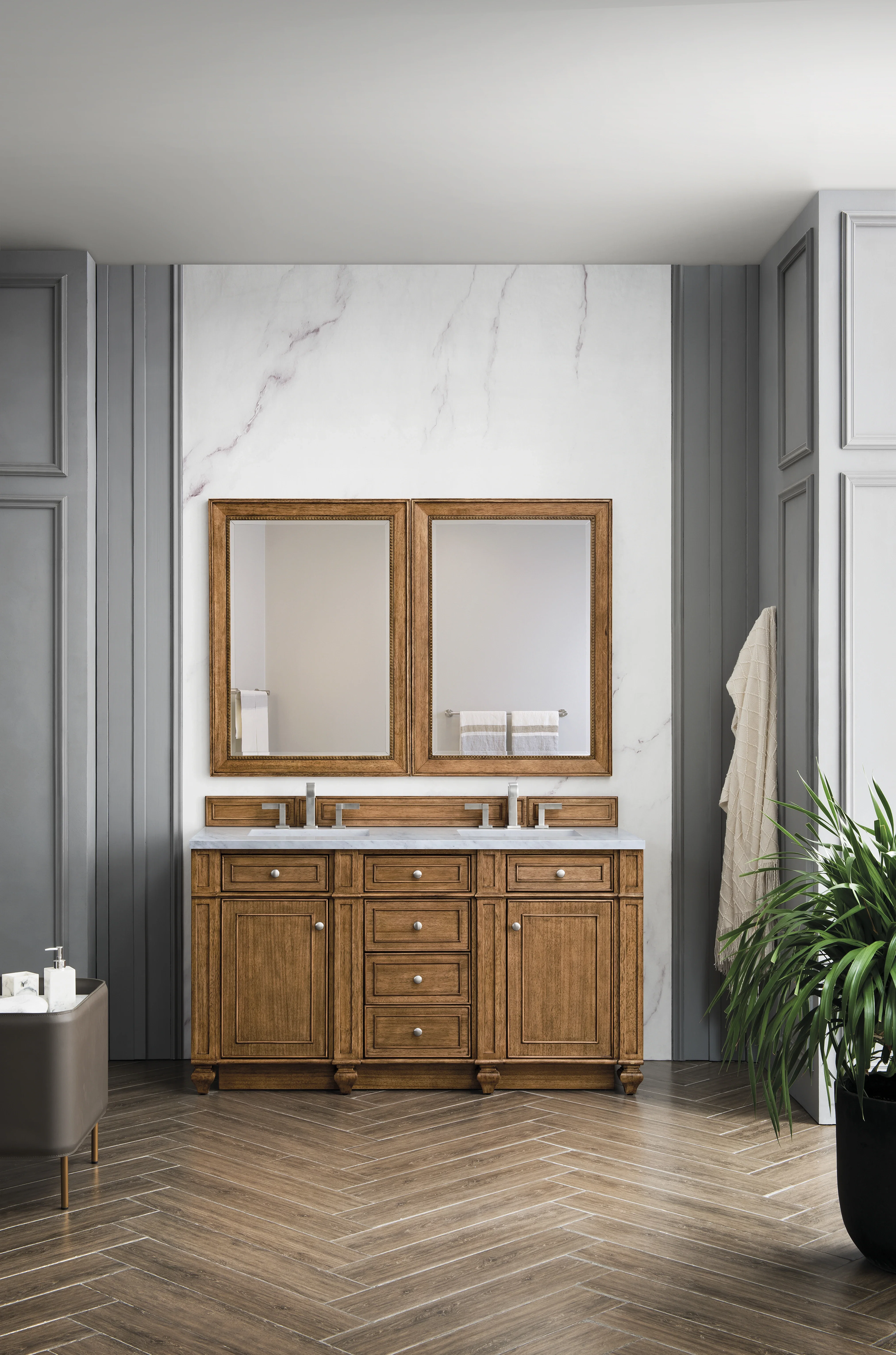 Bristol 60" Double Vanity, Saddle Brown w/ 3 CM Eternal Jasmine Pearl Silestone Top w/FreePower Wireless Charger