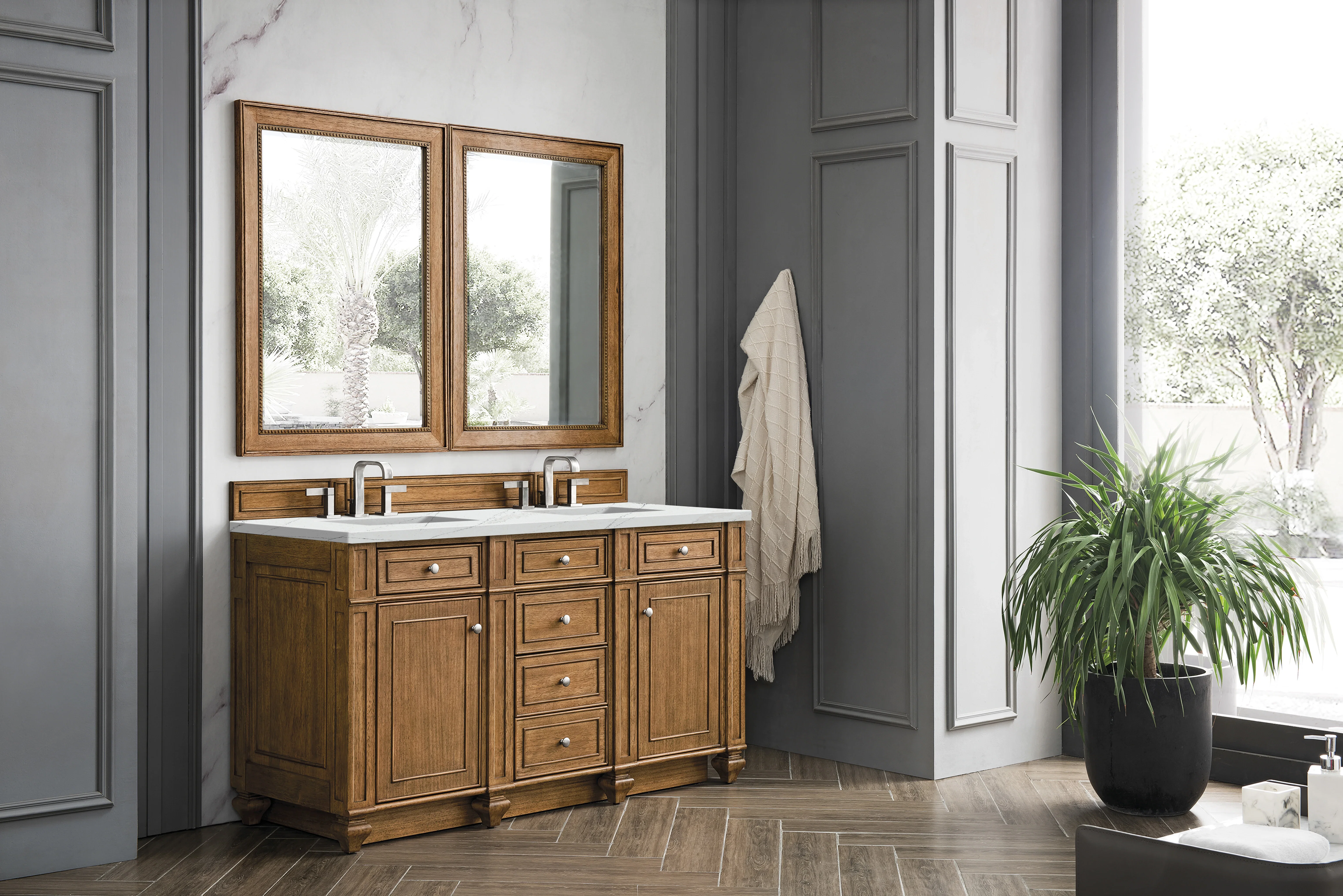 Bristol 60" Double Vanity, Saddle Brown w/ 3 CM Ethereal Noctis Silestone Top w/FreePower Wireless Charger