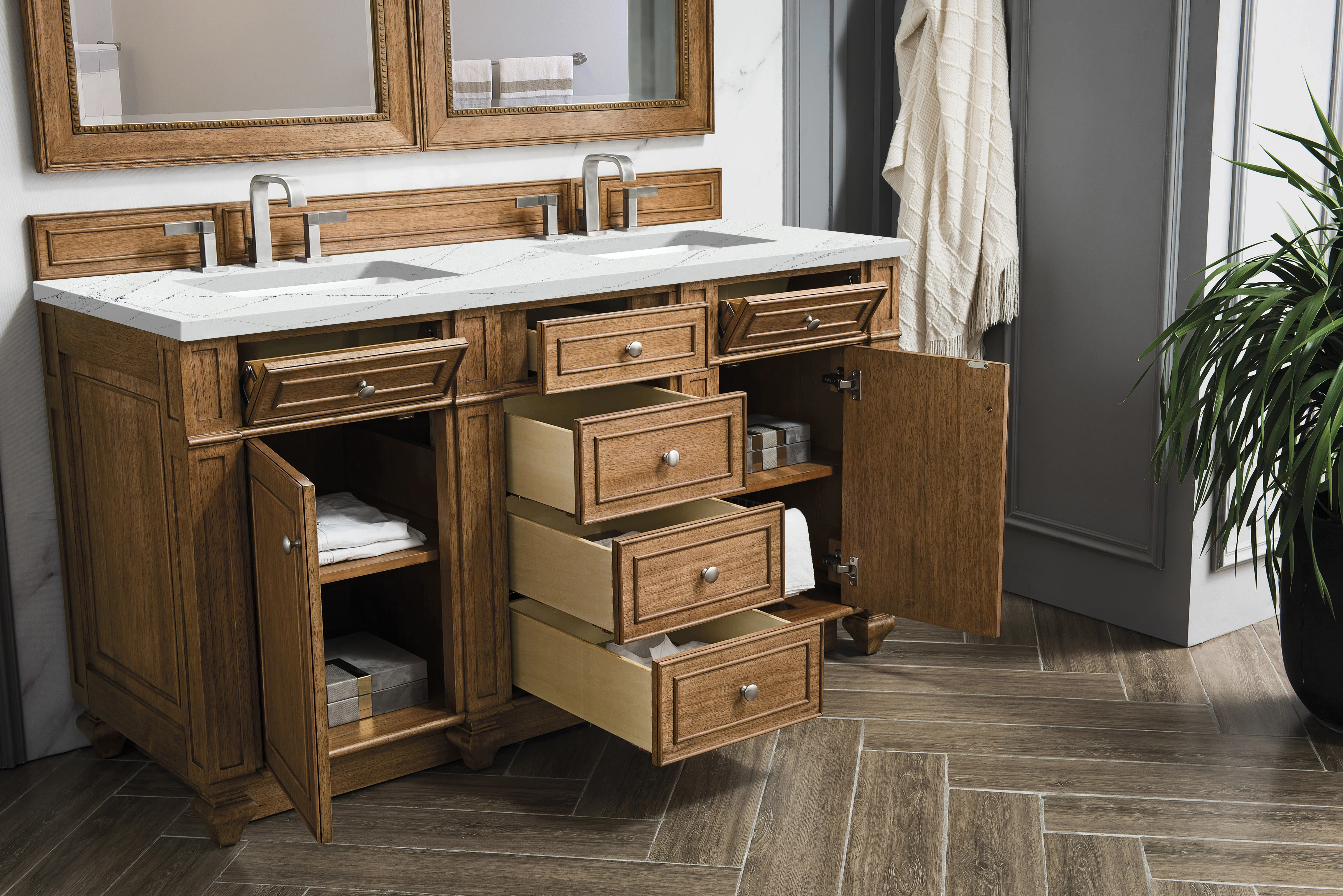 Bristol 60" Double Vanity, Saddle Brown w/ 3 CM Ethereal Noctis Silestone Top w/FreePower Wireless Charger
