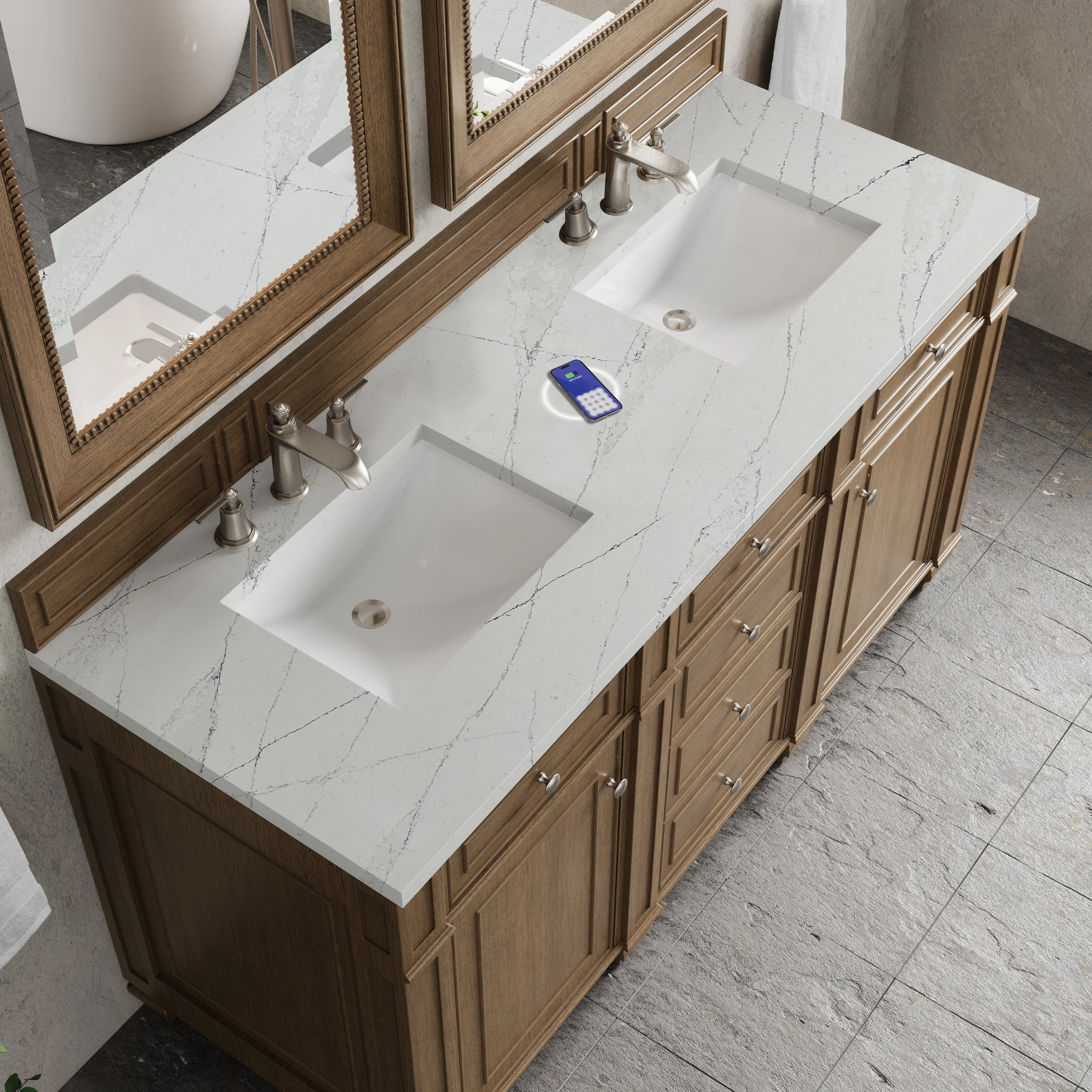 Bristol 60" Double Vanity, Saddle Brown w/ 3 CM Ethereal Noctis Silestone Top w/FreePower Wireless Charger