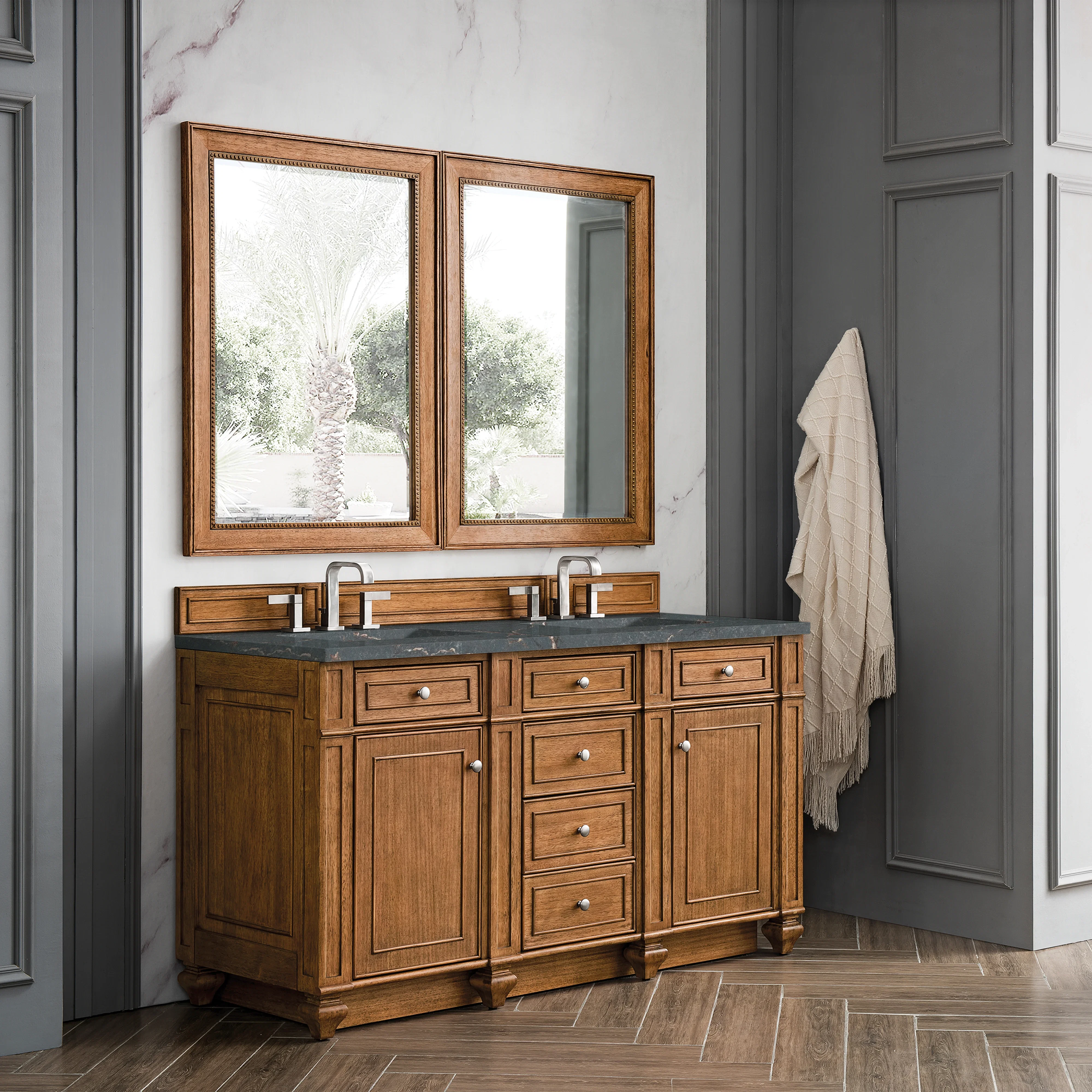 Bristol 60" Double Vanity, Saddle Brown w/ 3 CM Parisien Bleu Silestone Top w/FreePower Wireless Charger