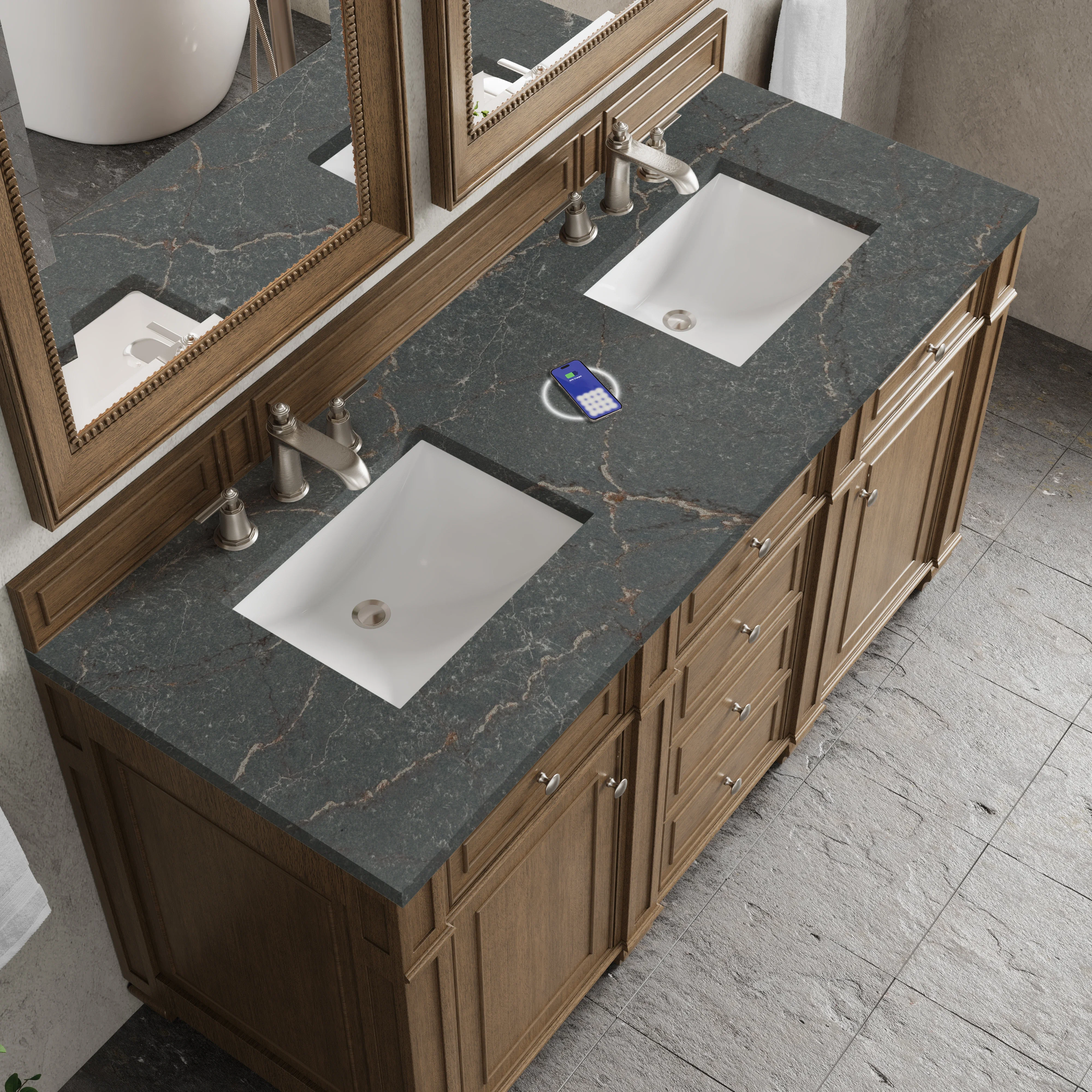 Bristol 60" Double Vanity, Saddle Brown w/ 3 CM Parisien Bleu Silestone Top w/FreePower Wireless Charger