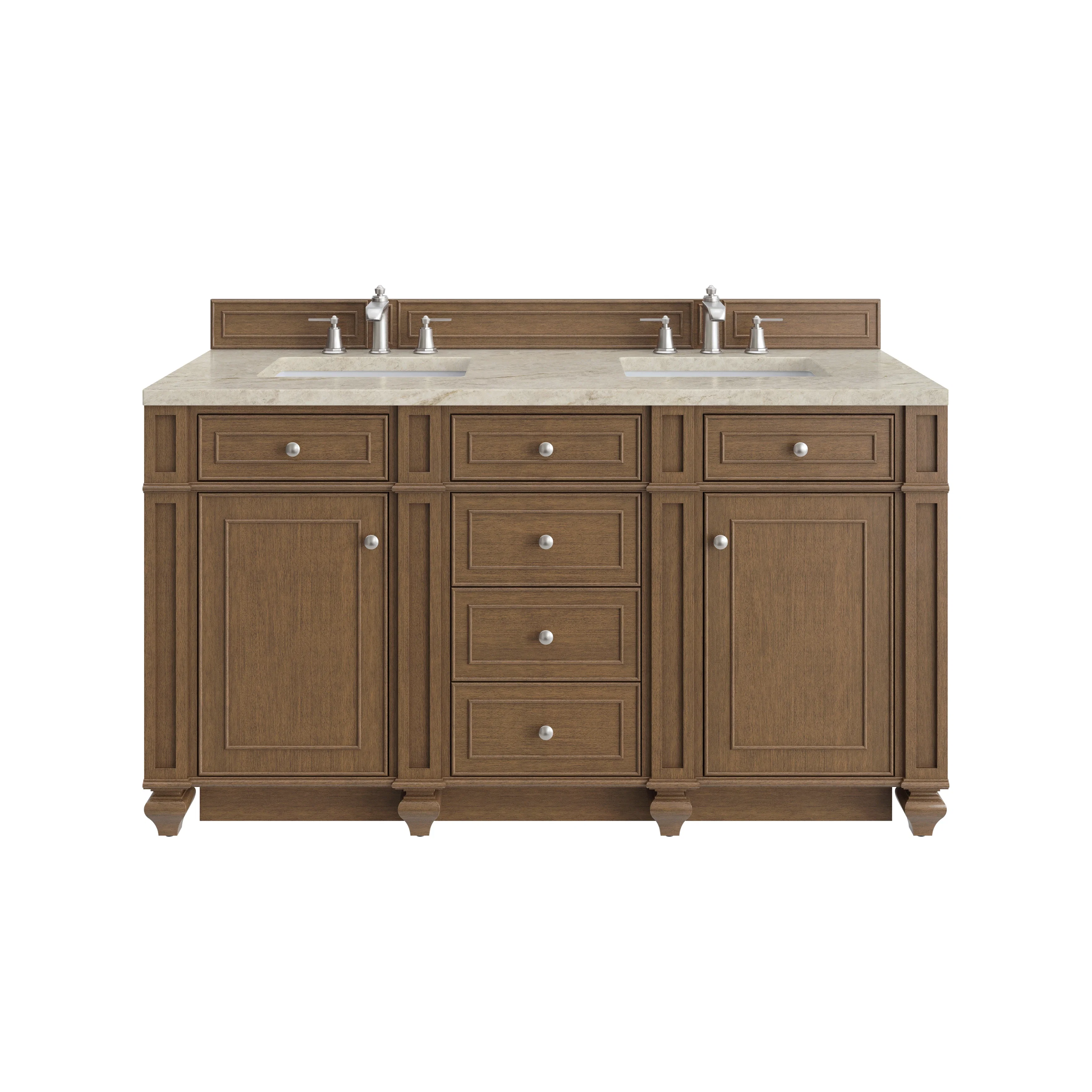 Bristol 60" Double Vanity, Saddle Brown, w/ 3 CM Tajnar Eclos Top w/FreePower Wireless Charger