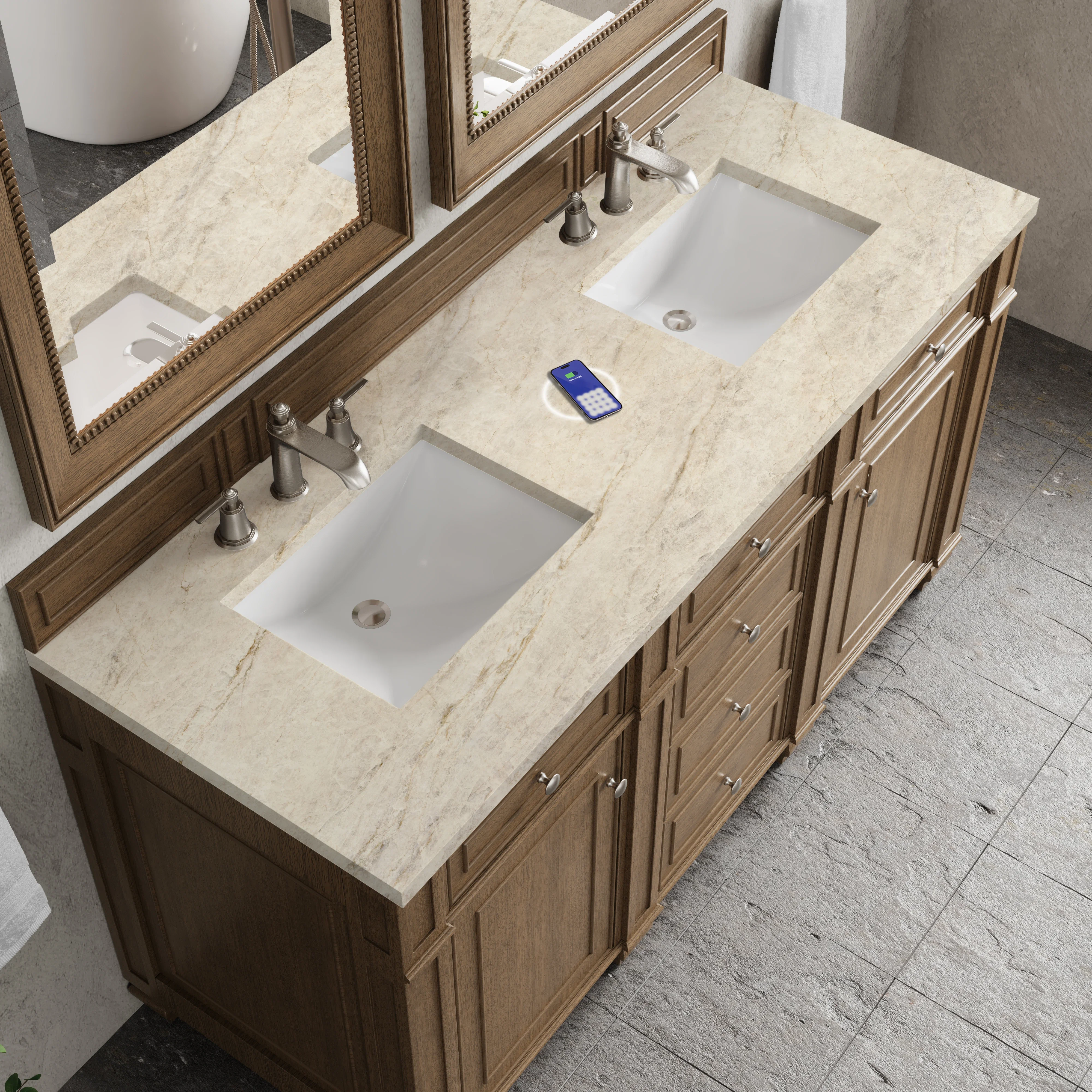 Bristol 60" Double Vanity, Saddle Brown, w/ 3 CM Tajnar Eclos Top w/FreePower Wireless Charger