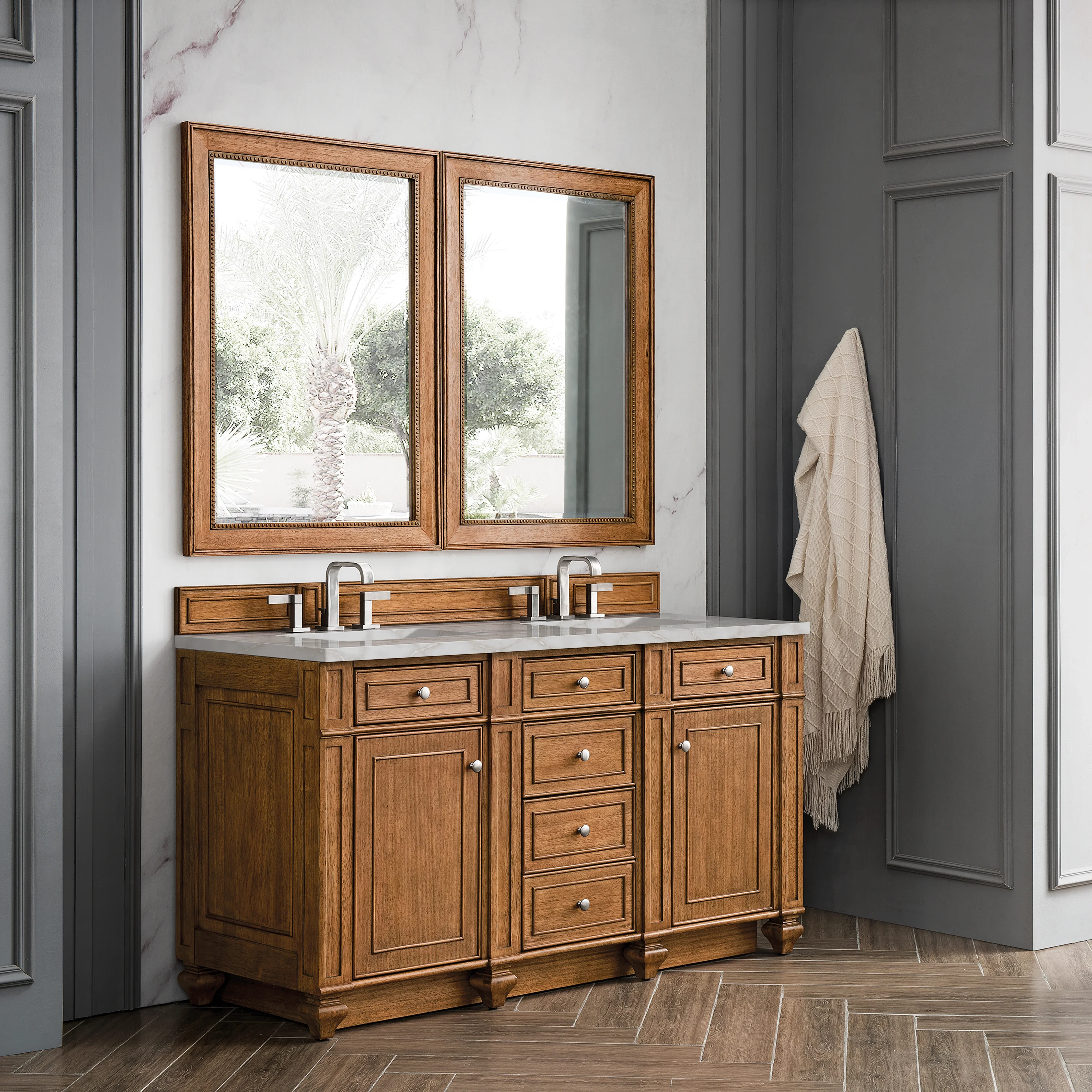 Bristol 60" Double Vanity, Saddle Brown w/ 3 CM Victorian Silver Silestone Top w/FreePower Wireless Charger