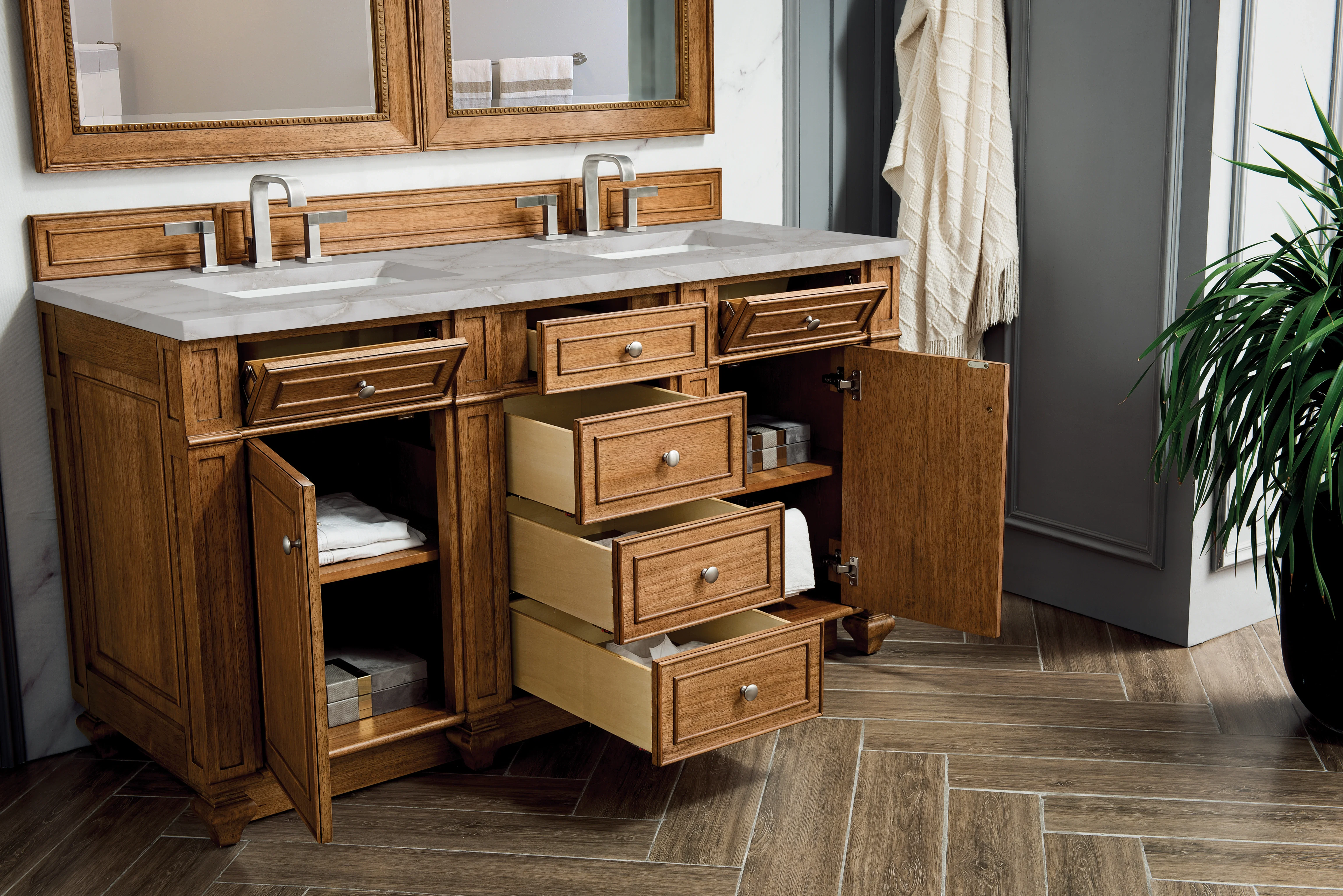 Bristol 60" Double Vanity, Saddle Brown w/ 3 CM Victorian Silver Silestone Top w/FreePower Wireless Charger