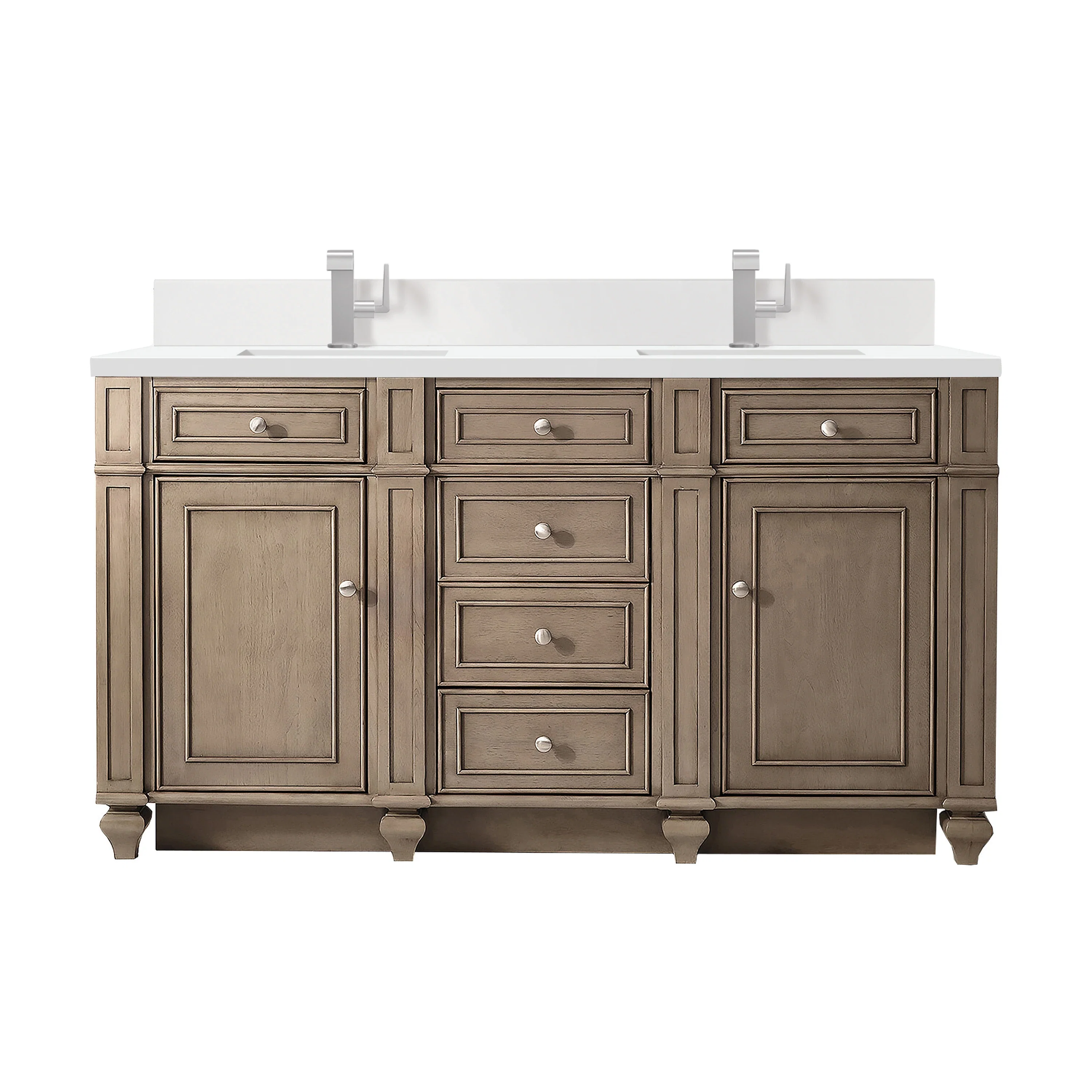 Bristol 60" Double Vanity, Whitewashed Walnut w/ Single Hole 3 CM White Zeus Silestone Top & Backsplash
