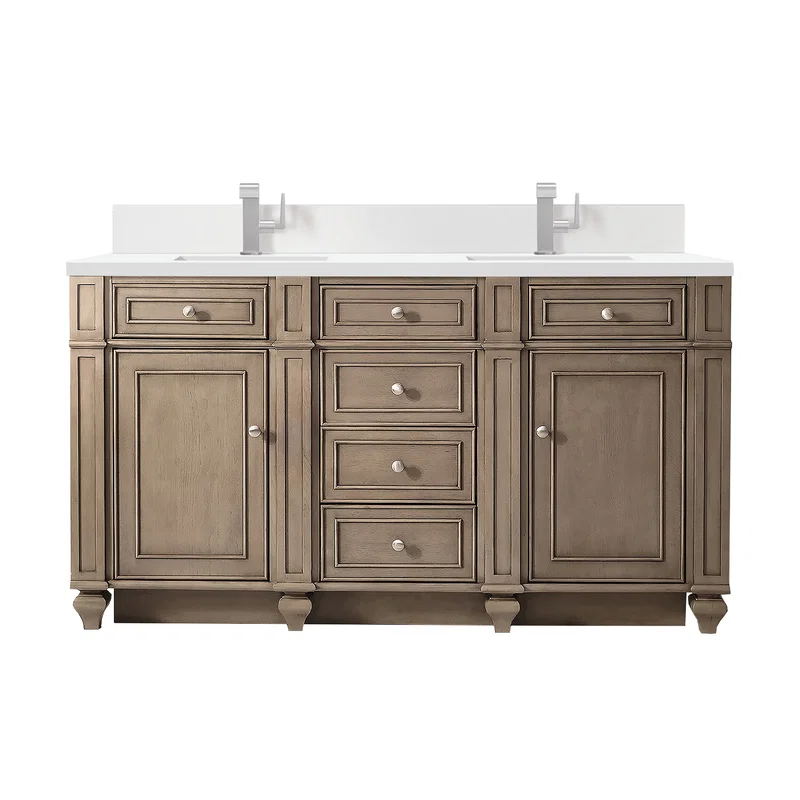 Bristol 60" Double Vanity, Whitewashed Walnut w/ Single Hole 3 CM White Zeus Silestone Top & Backsplash