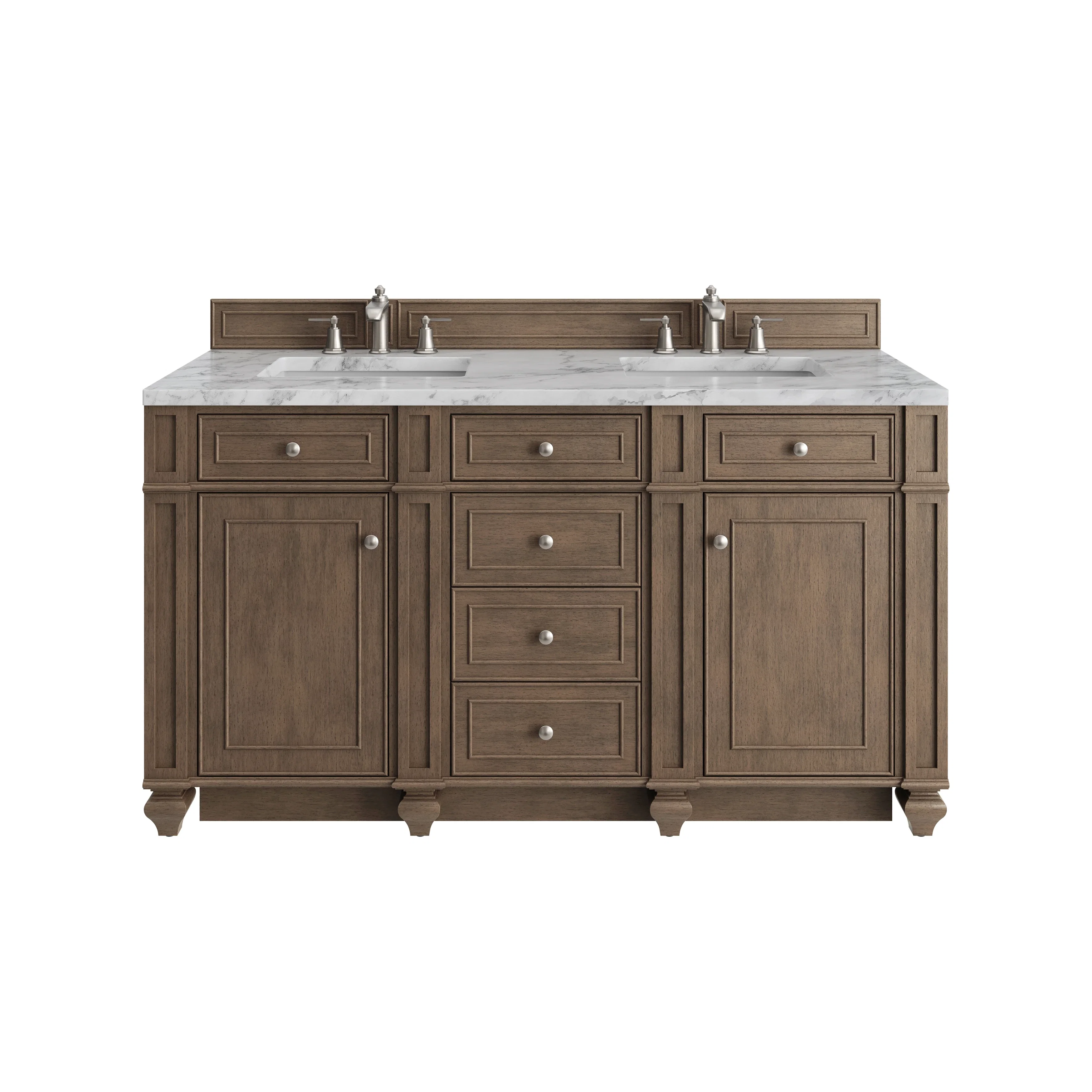 Bristol 60" Double Vanity, Whitewashed Walnut w/ 3 CM Carrara Marble Top