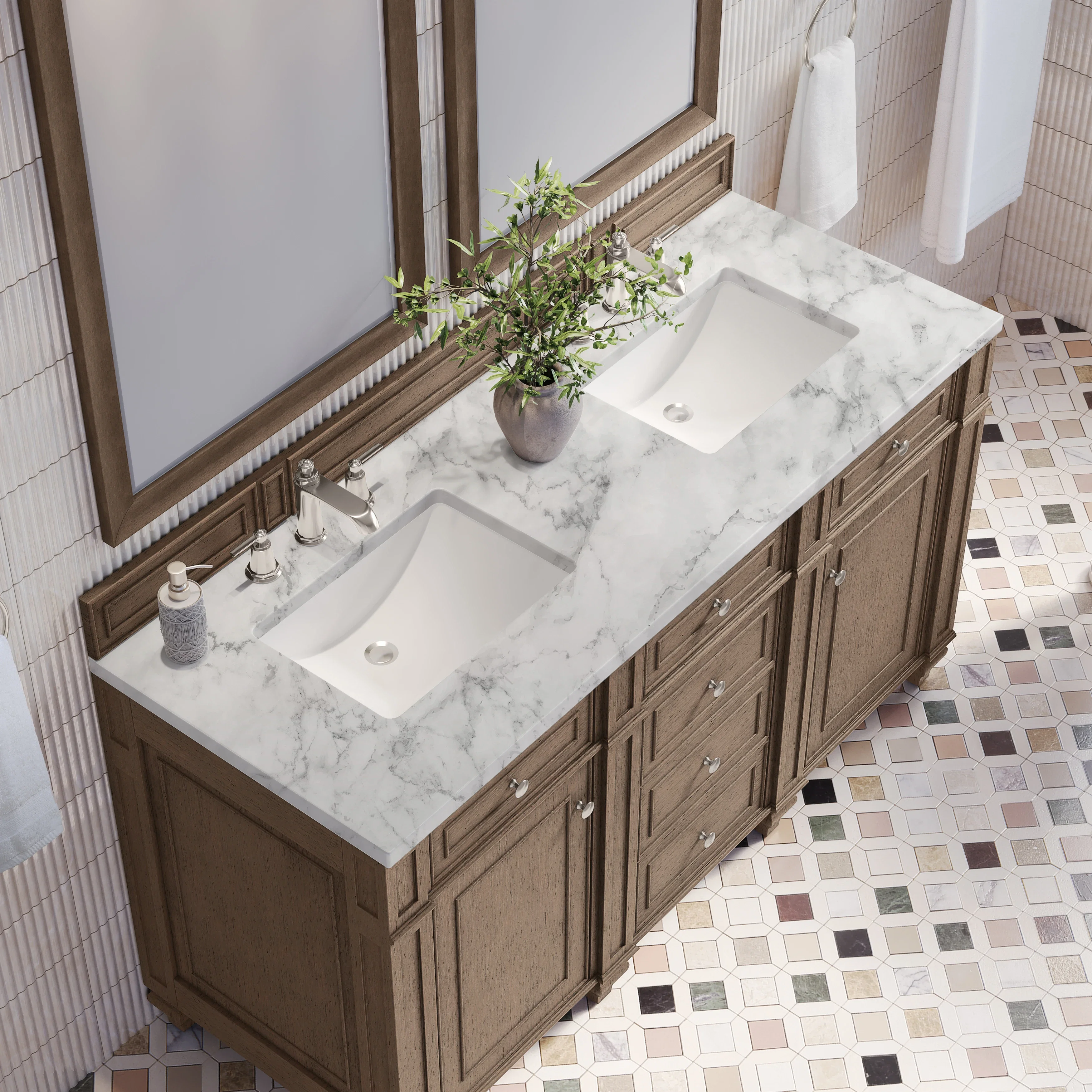 Bristol 60" Double Vanity, Whitewashed Walnut w/ 3 CM Carrara Marble Top