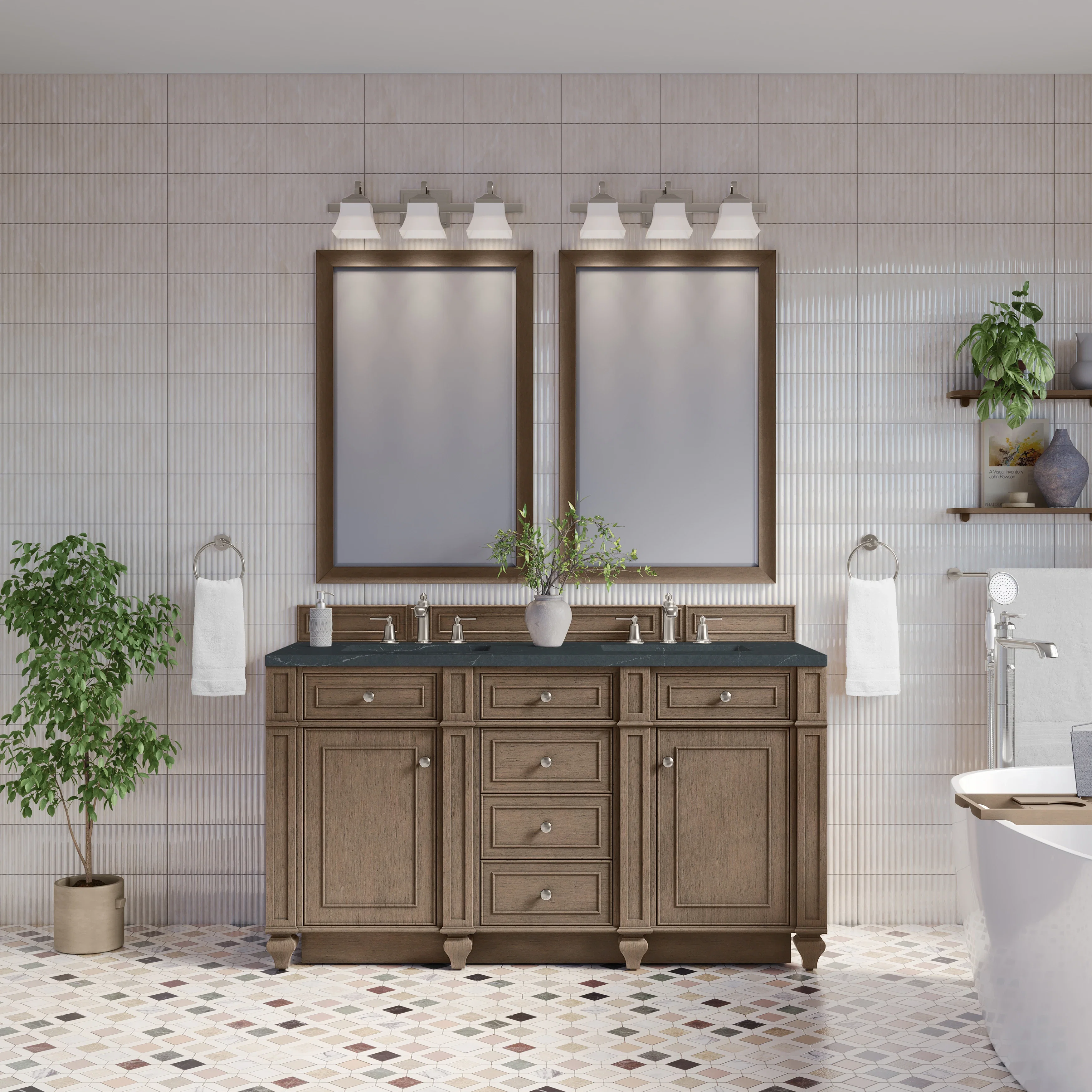 Bristol 60" Double Vanity, Whitewashed Walnut w/ 3 CM Charcoal Soapstone Silestone Top