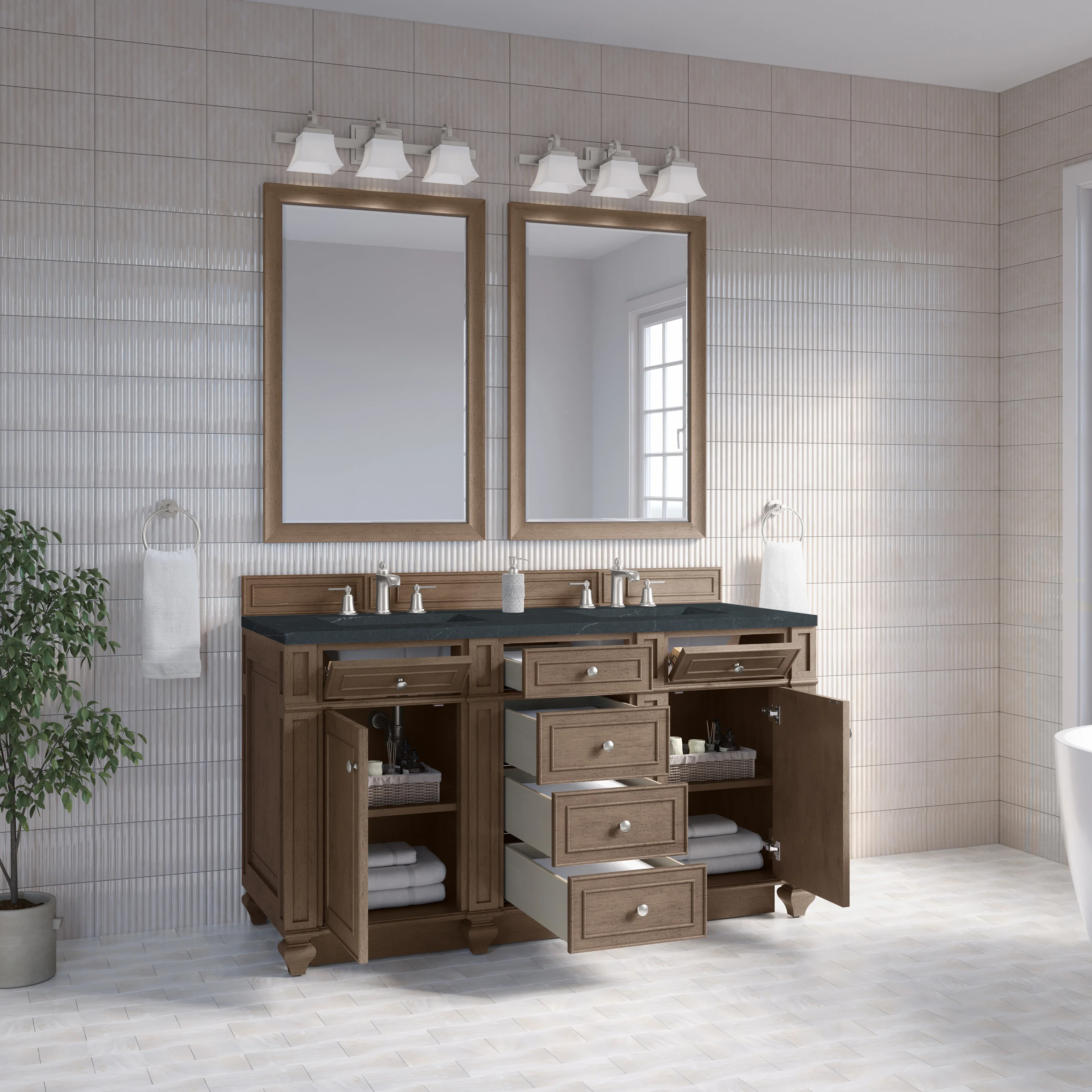 Bristol 60" Double Vanity, Whitewashed Walnut w/ 3 CM Charcoal Soapstone Silestone Top