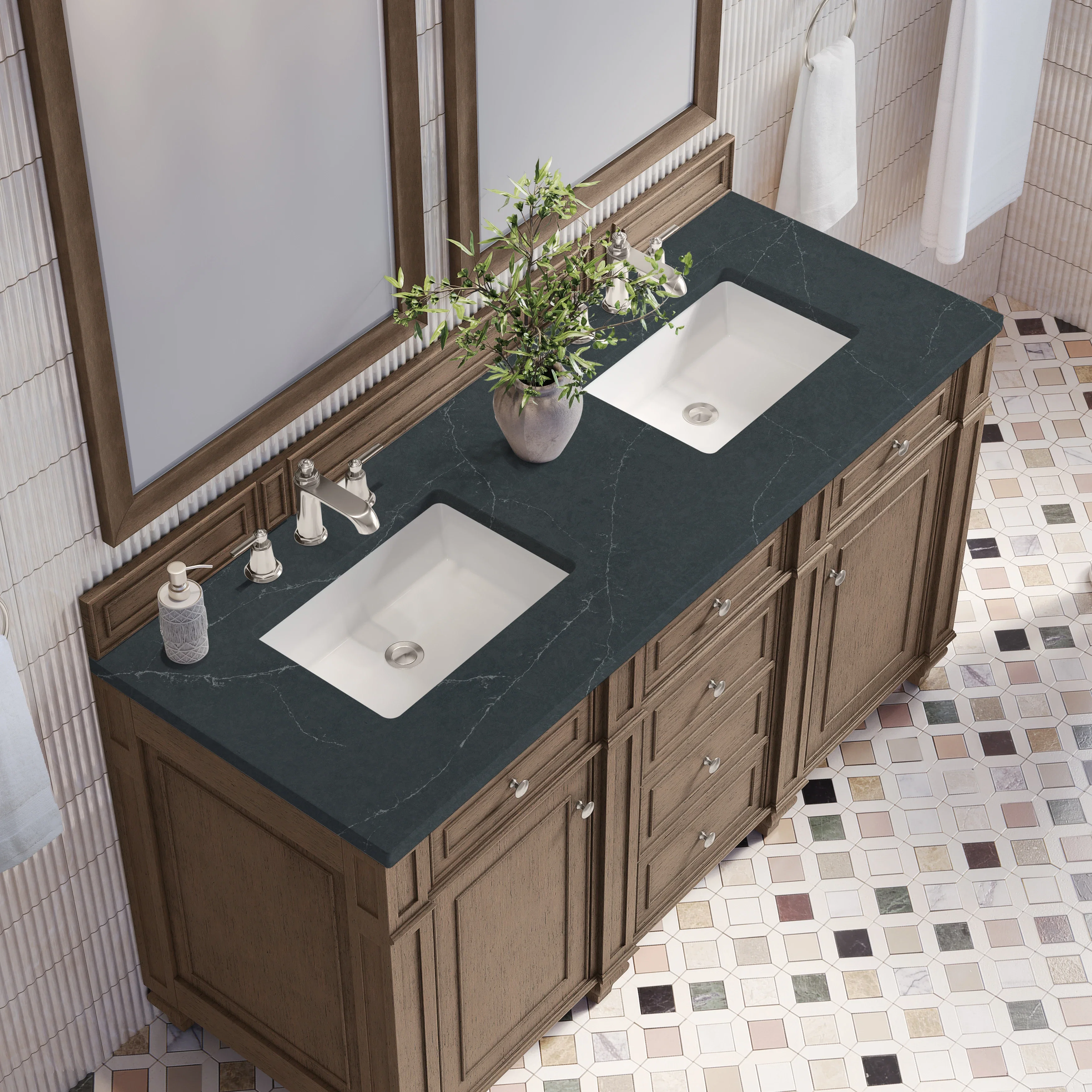 Bristol 60" Double Vanity, Whitewashed Walnut w/ 3 CM Charcoal Soapstone Silestone Top