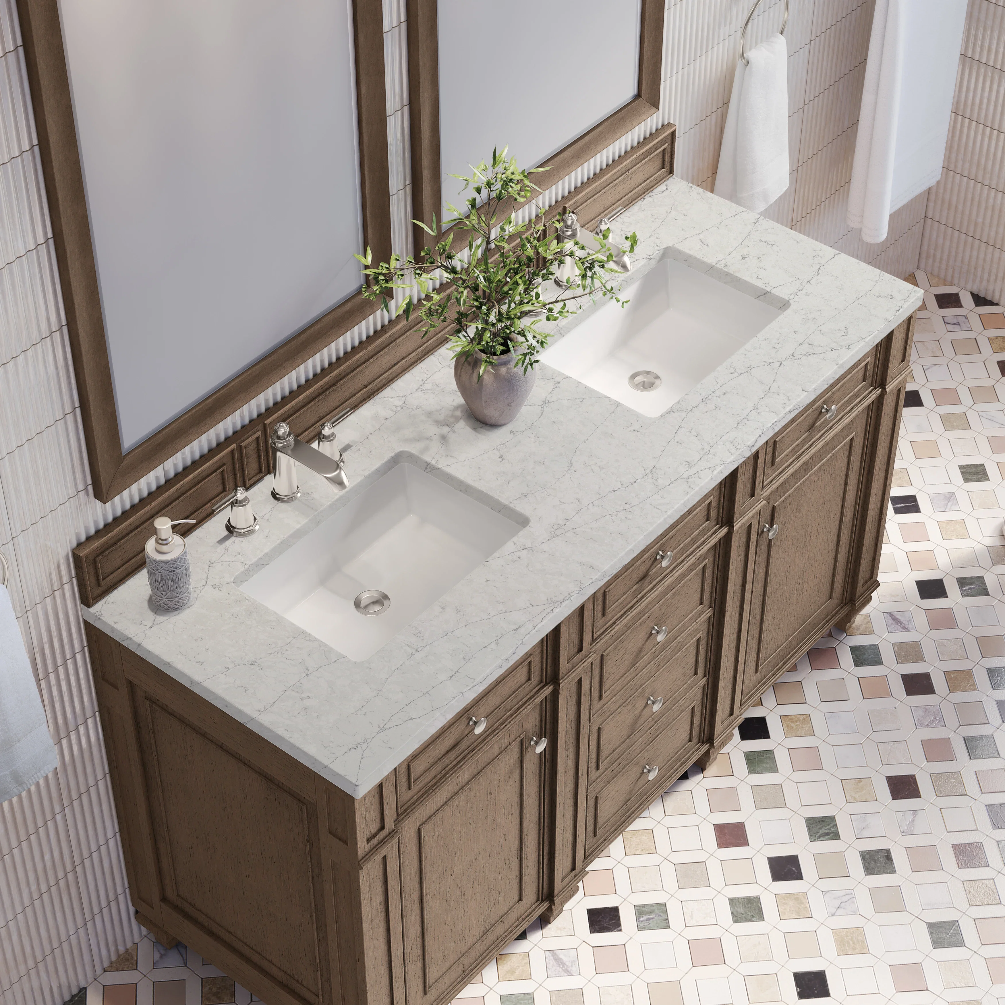Bristol 60" Double Vanity, Whitewashed Walnut w/ 3 CM Eternal Jasmine Pearl Silestone Top