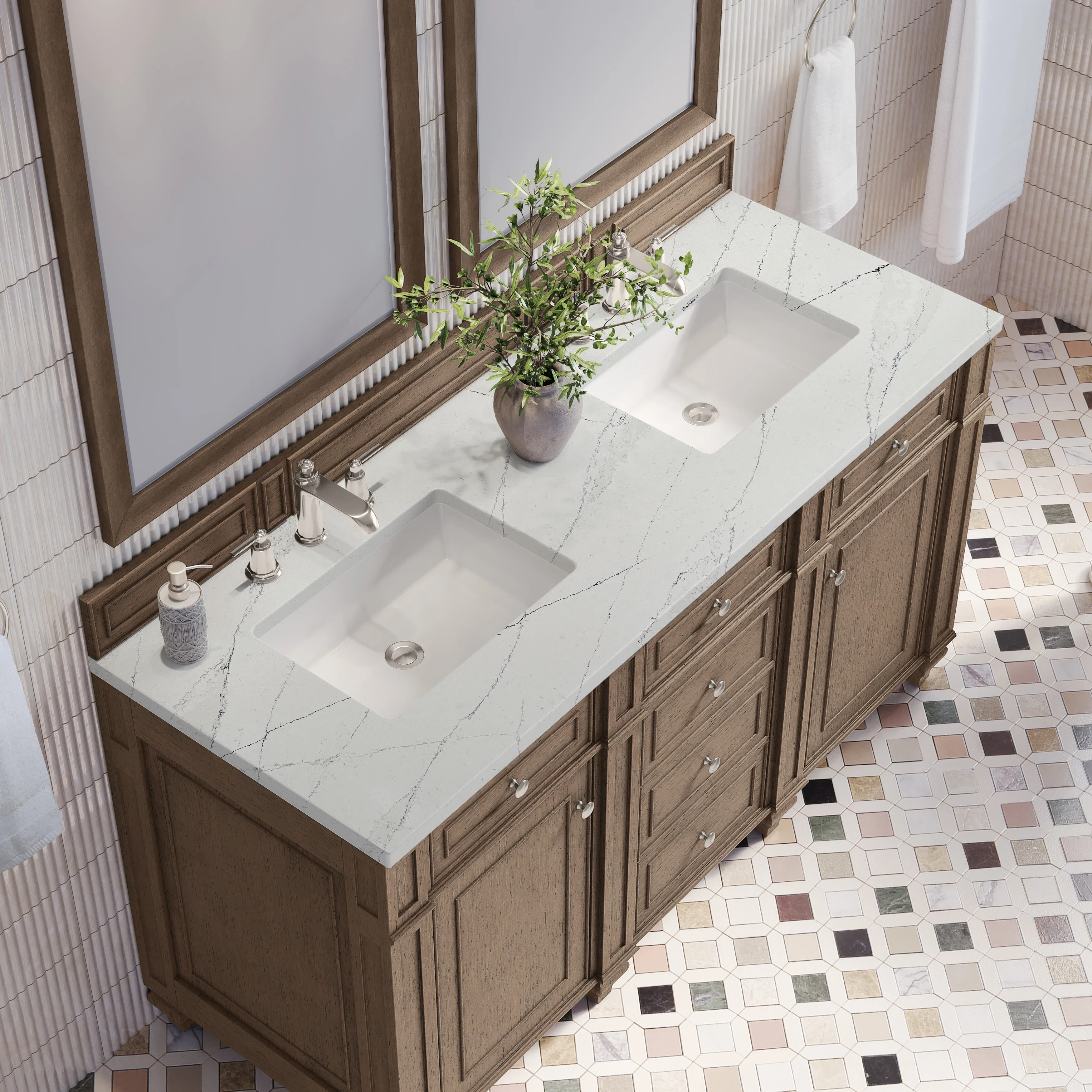 Bristol 60" Double Vanity, Whitewashed Walnut w/ 3 CM Ethereal Noctis Silestone Top