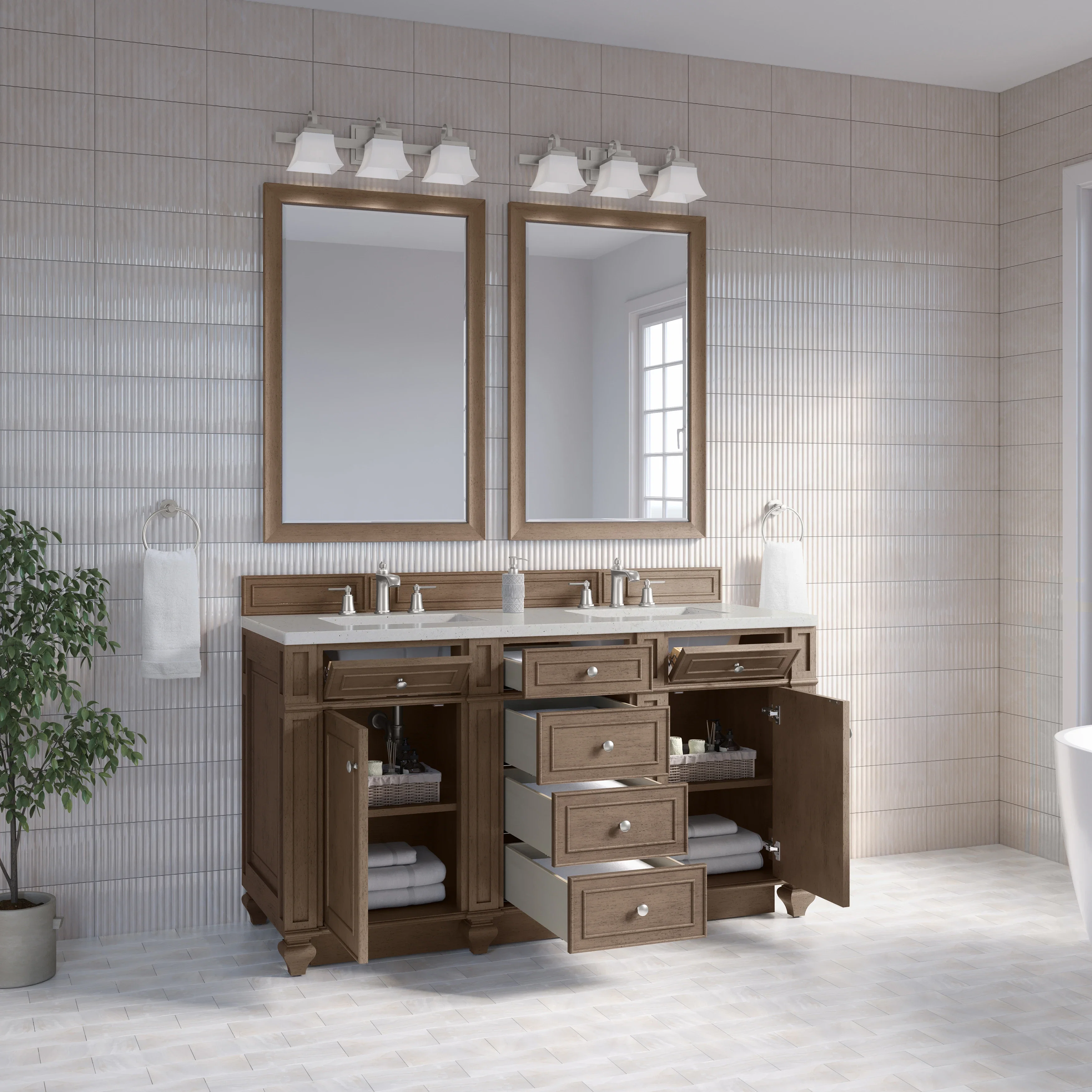 Bristol 60" Double Vanity, Whitewashed Walnut w/ 3 CM Lime Delight Silestone Top