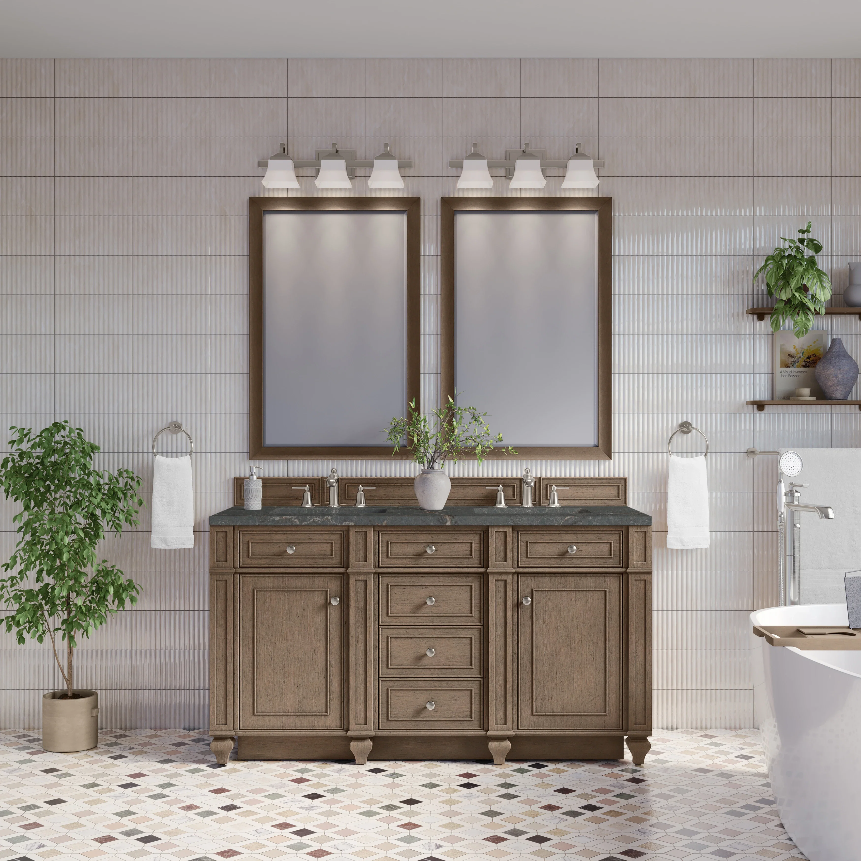 Bristol 60" Double Vanity, Whitewashed Walnut w/ 3 CM Parisien Bleu Silestone Top