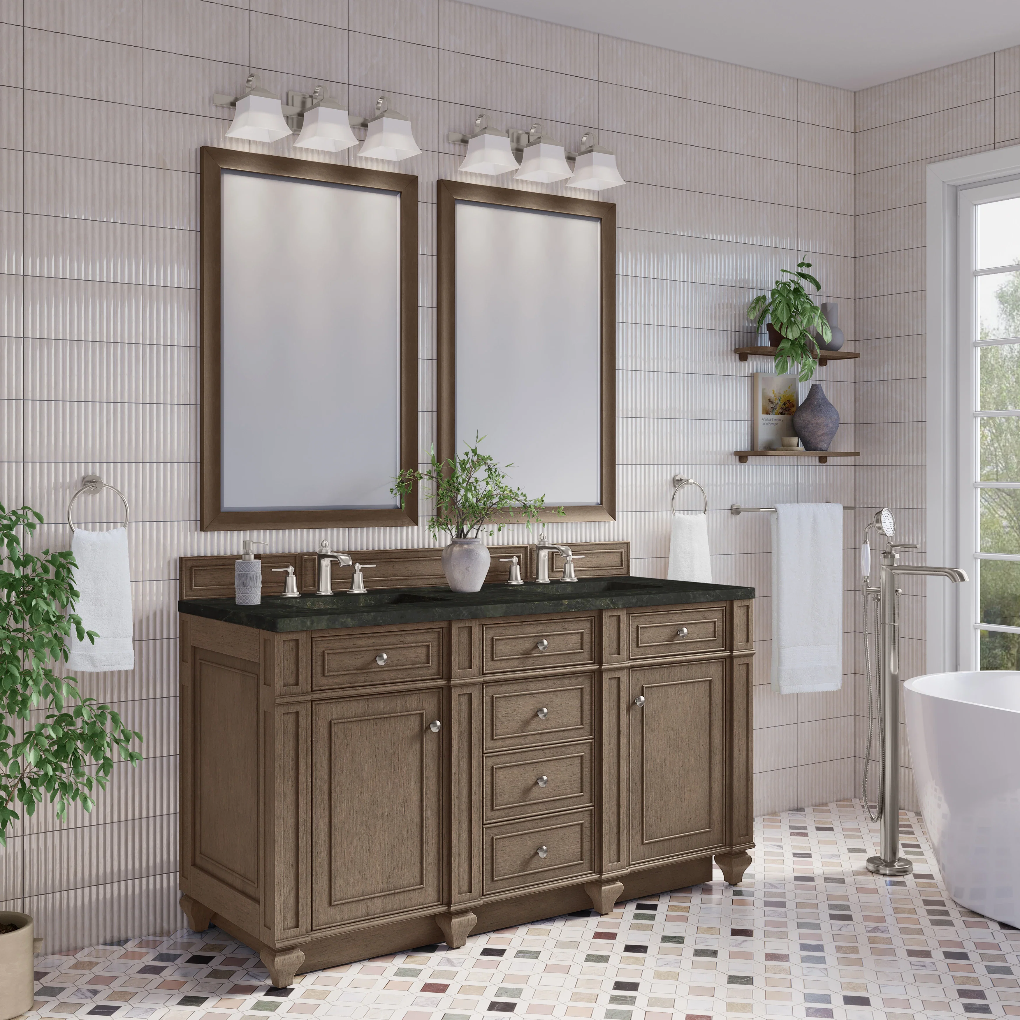 Bristol 60" Double Vanity, Whitewashed Walnut, w/ 3 CM Phantome Eclos Top