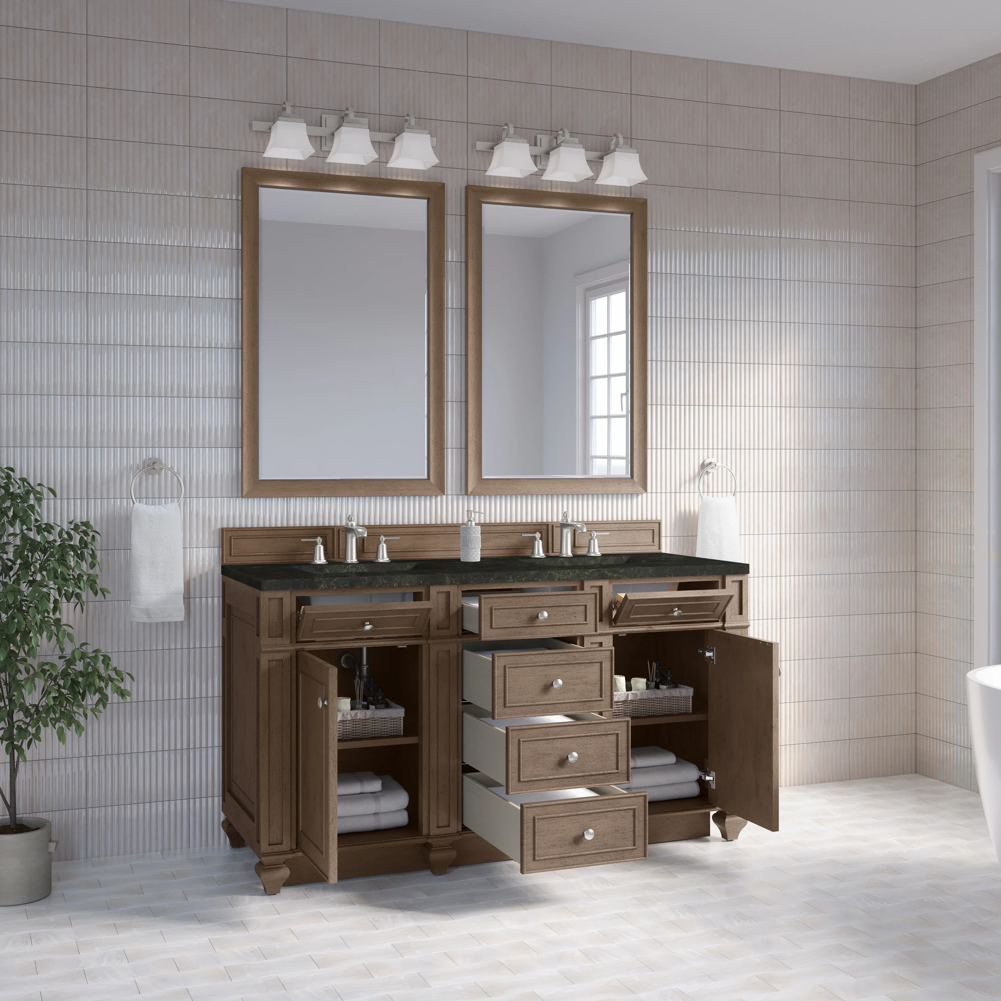 Bristol 60" Double Vanity, Whitewashed Walnut, w/ 3 CM Phantome Eclos Top
