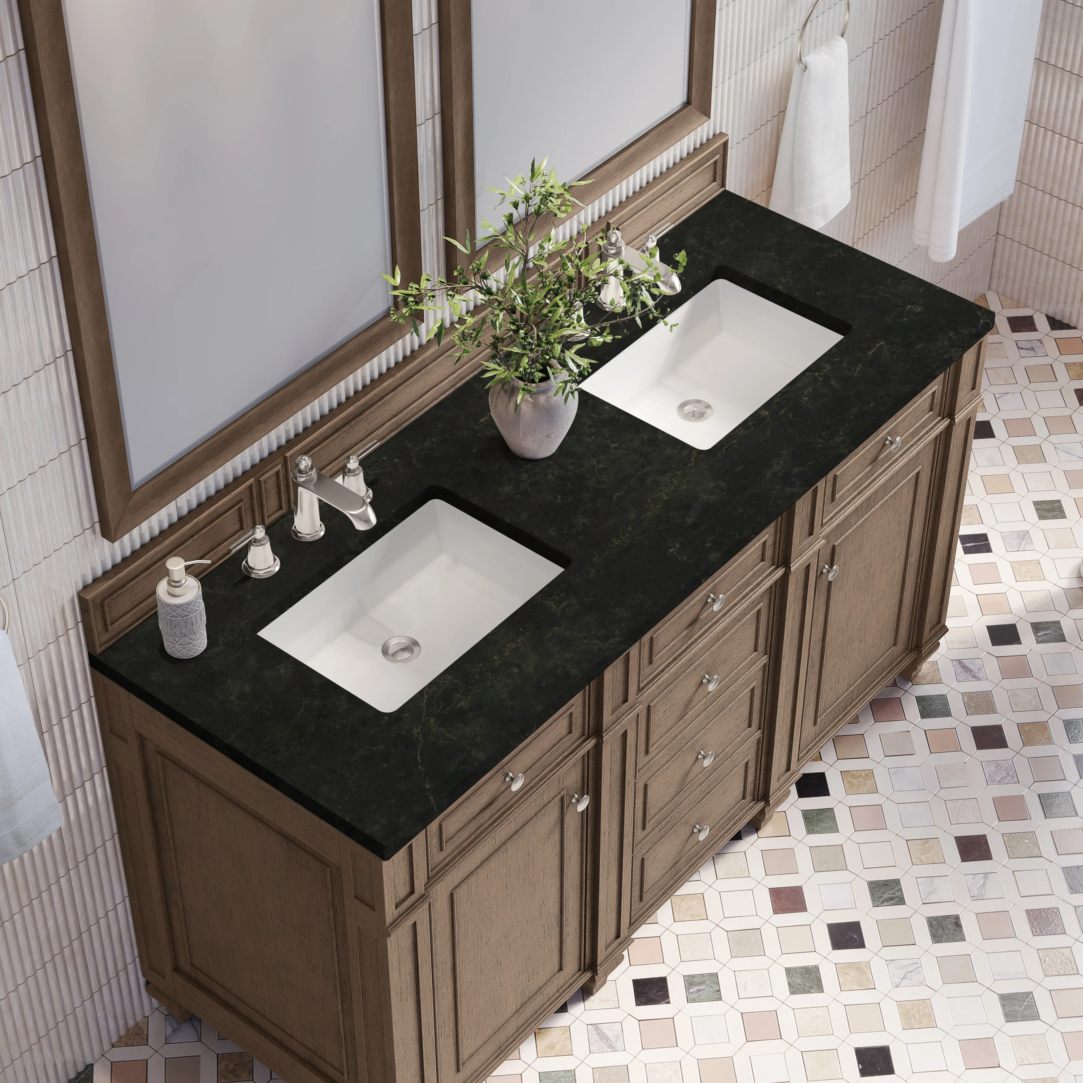 Bristol 60" Double Vanity, Whitewashed Walnut, w/ 3 CM Phantome Eclos Top