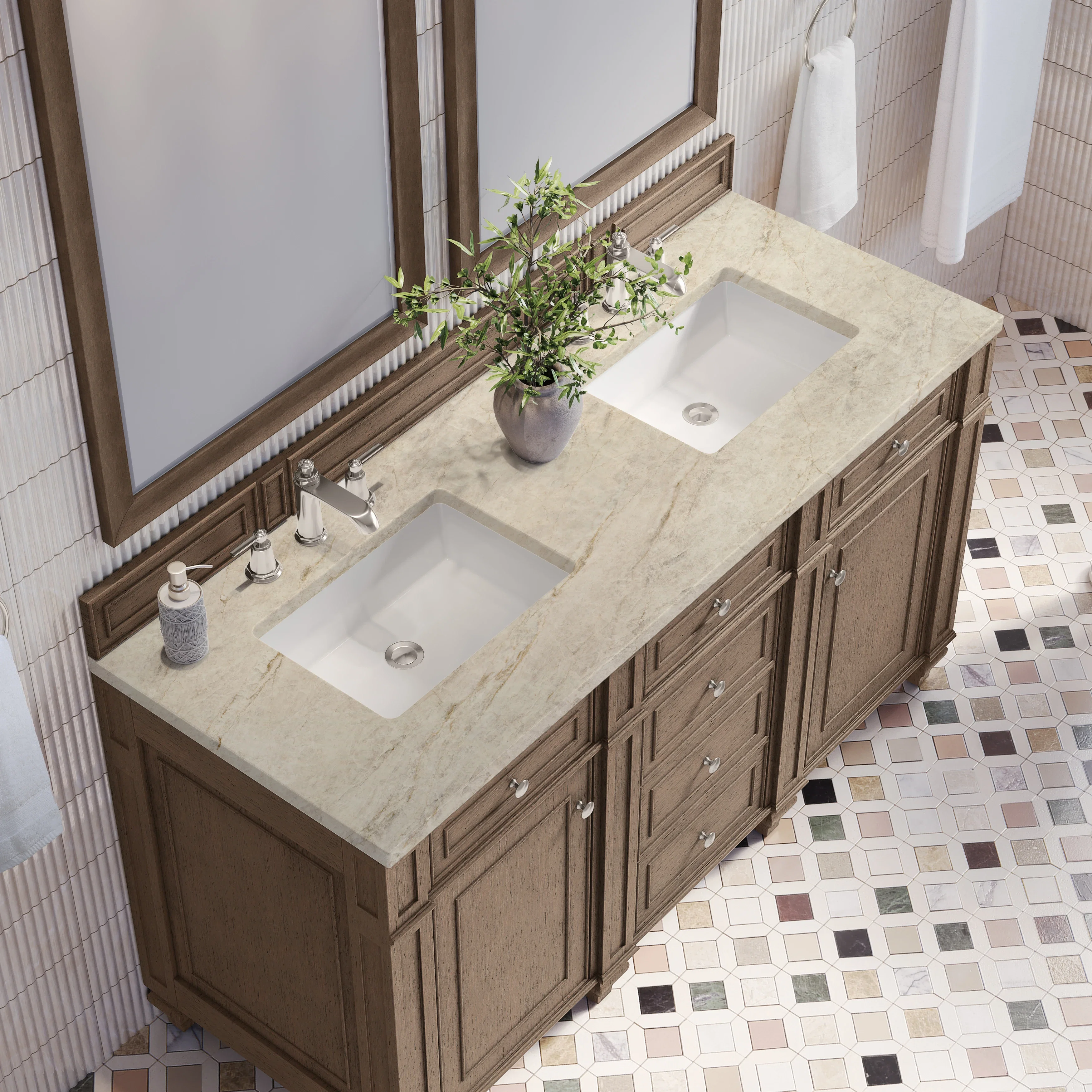 Bristol 60" Double Vanity, Whitewashed Walnut, w/ 3 CM Tajnar Eclos Top