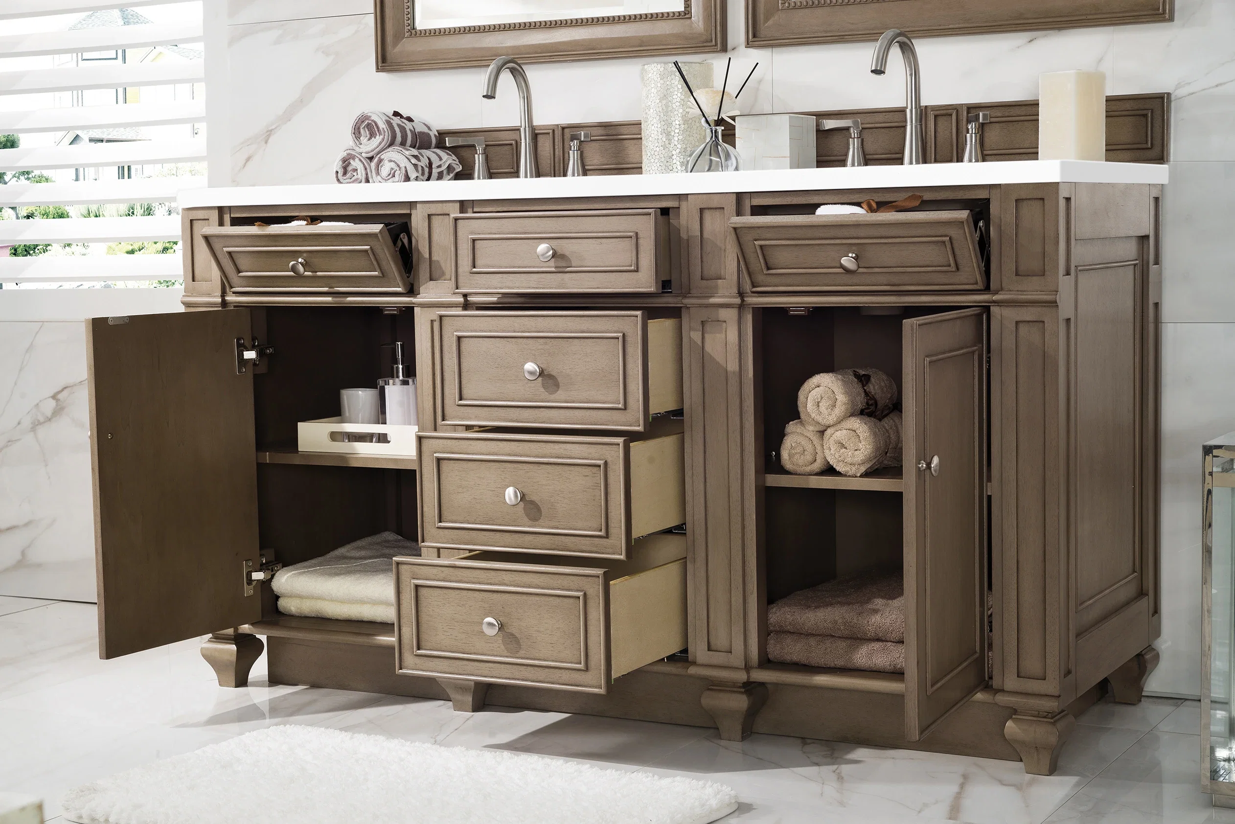 Bristol 60" Double Vanity, Whitewashed Walnut w/ 3 CM White Zeus Silestone Top