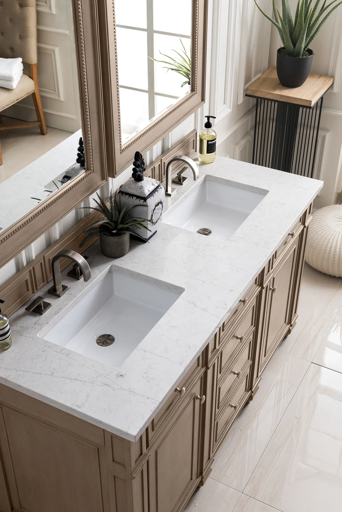 Bristol 60" Double Vanity, Whitewashed Walnut w/ 3 CM Eternal Jasmine Pearl Silestone Top w/FreePower Wireless Charger