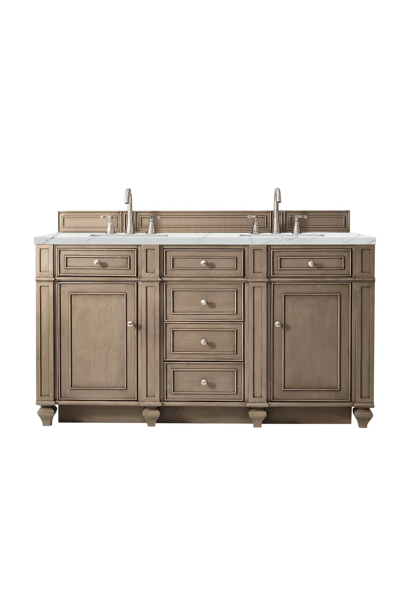 Bristol 60" Double Vanity, Whitewashed Walnut w/ 3 CM Ethereal Noctis Silestone Top w/FreePower Wireless Charger