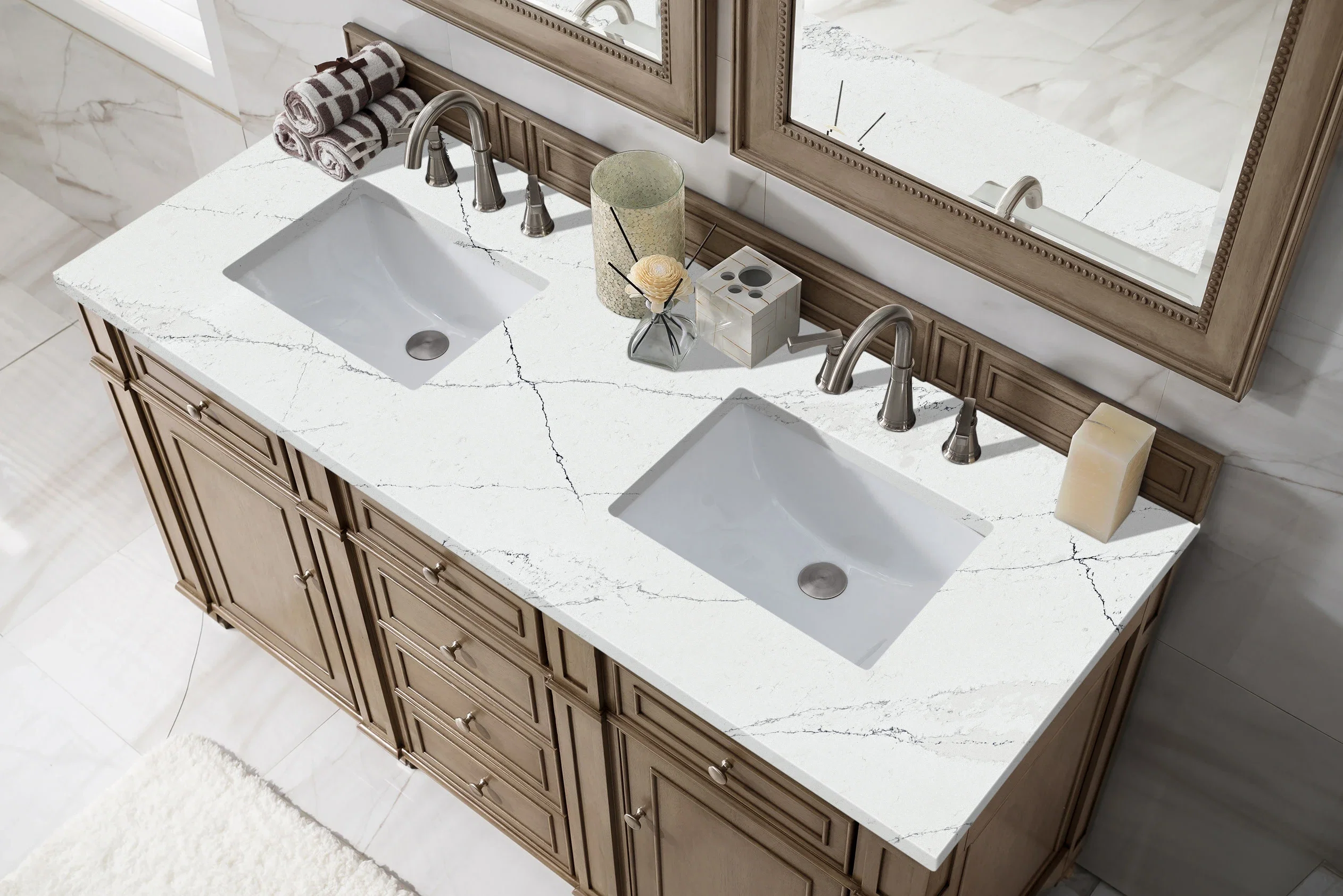 Bristol 60" Double Vanity, Whitewashed Walnut w/ 3 CM Ethereal Noctis Silestone Top w/FreePower Wireless Charger