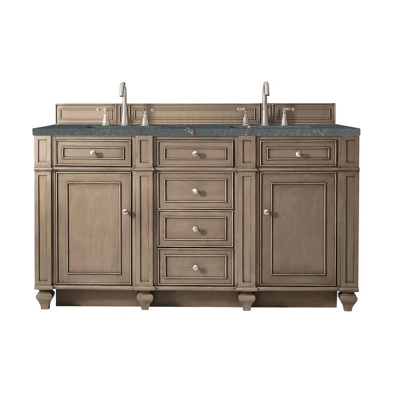 Bristol 60" Double Vanity, Whitewashed Walnut w/ 3 CM Parisien Bleu Silestone Top w/FreePower Wireless Charger
