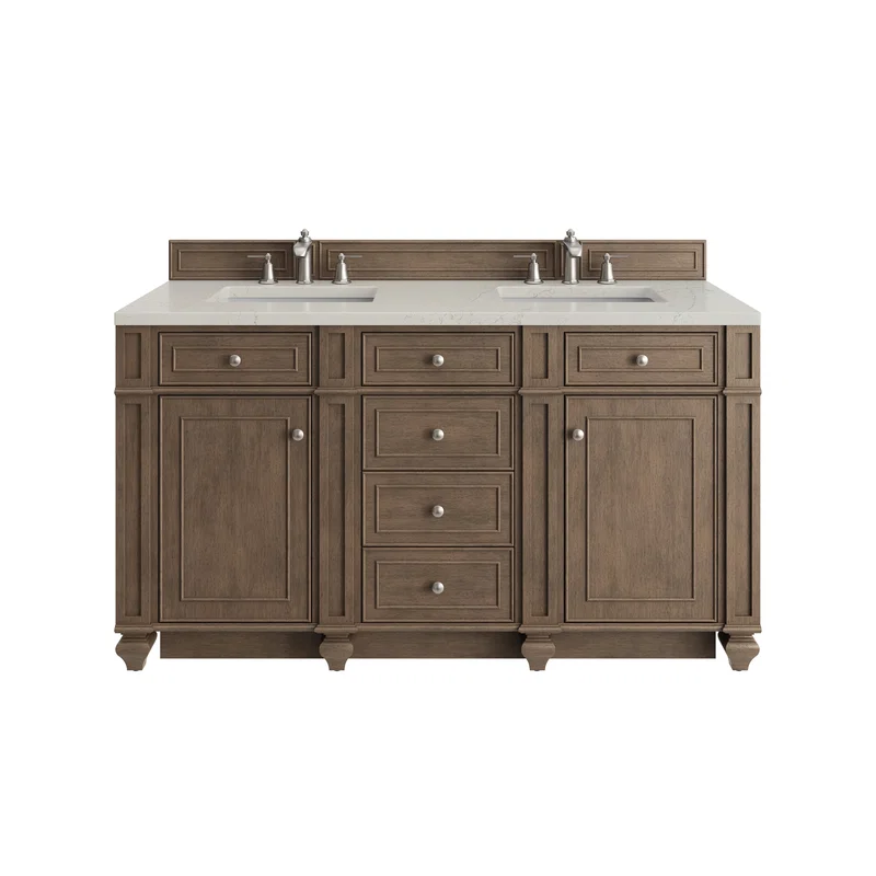 Bristol 60" Double Vanity, Whitewashed Walnut, w/ 3 CM Siberian Silestone Top w/FreePower Wireless Charger
