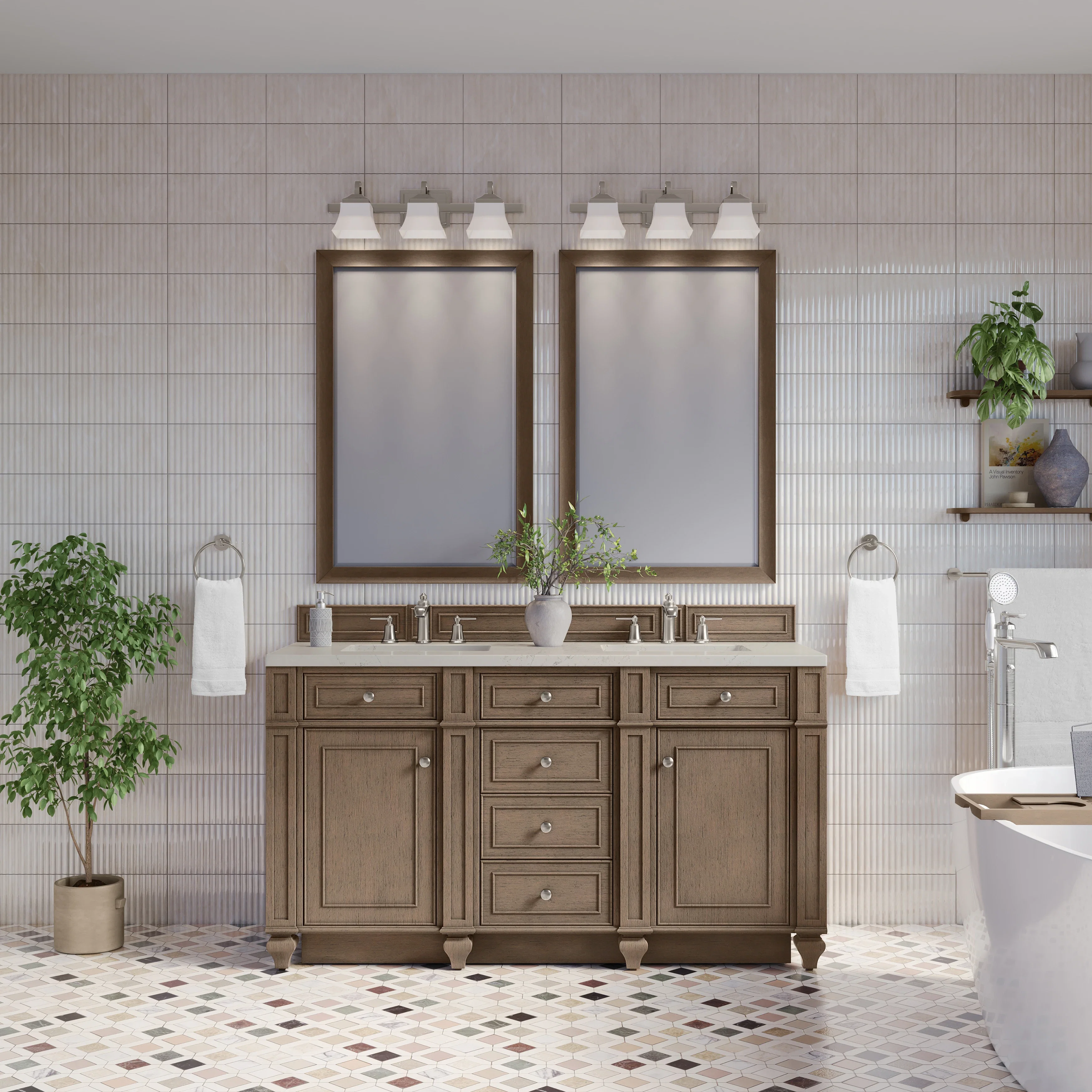 Bristol 60" Double Vanity, Whitewashed Walnut, w/ 3 CM Siberian Silestone Top w/FreePower Wireless Charger
