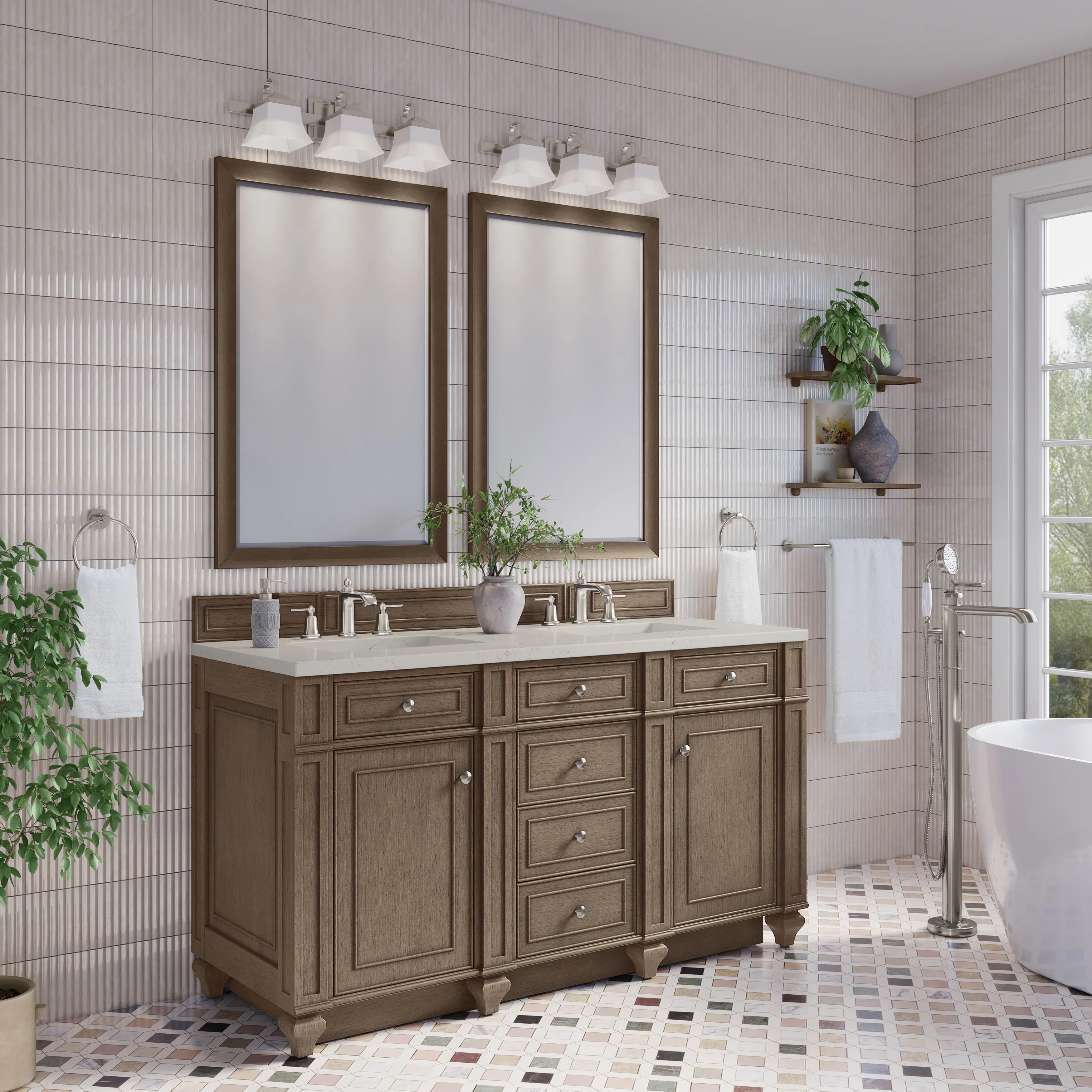 Bristol 60" Double Vanity, Whitewashed Walnut, w/ 3 CM Siberian Silestone Top w/FreePower Wireless Charger